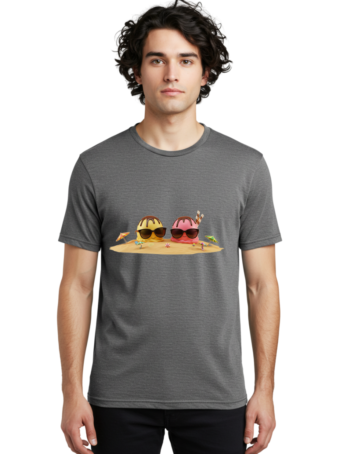 Donuts-On-Island Men'S Graphic Tee, 100% Cotton, Comfortable Casual Summer Wear, Machine Washable, Cupcakes On Island, Sunglasses, Beach Umbrellas, Summer Fun, Cartoon Style, Sweet Treats, Tropical Getaway, Vacation Vibes, Dessert Lovers, Baa527 22