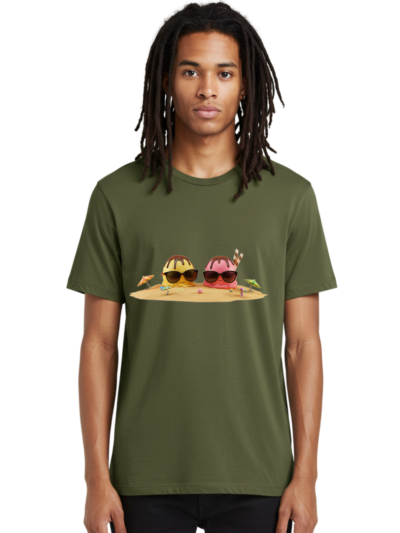 Donuts-On-Island Men'S Graphic Tee, 100% Cotton, Comfortable Casual Summer Wear, Machine Washable, Cupcakes On Island, Sunglasses, Beach Umbrellas, Summer Fun, Cartoon Style, Sweet Treats, Tropical Getaway, Vacation Vibes, Dessert Lovers, Baa527 30