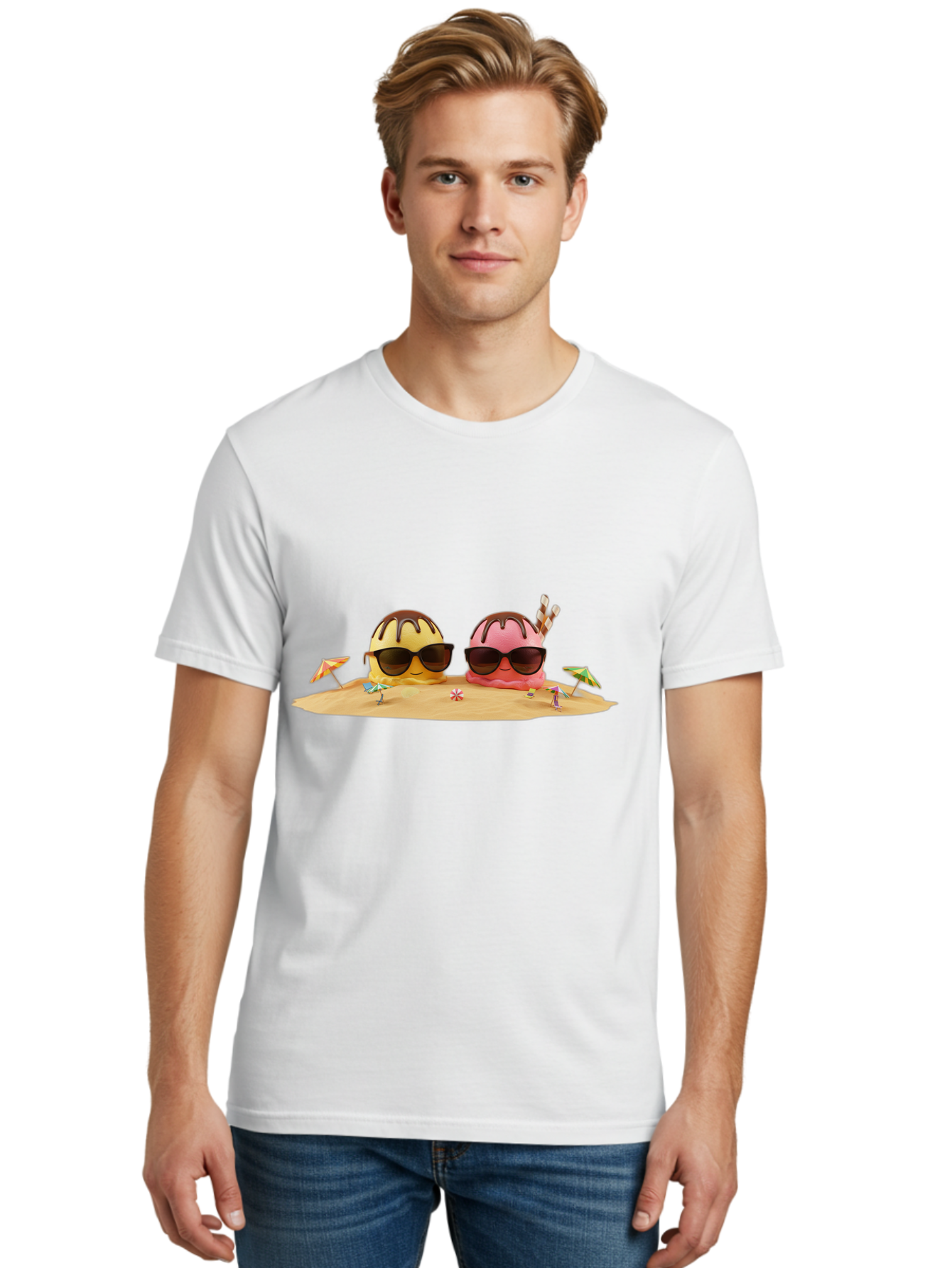 Donuts-On-Island Men'S Graphic Tee, 100% Cotton, Comfortable Casual Summer Wear, Machine Washable, Cupcakes On Island, Sunglasses, Beach Umbrellas, Summer Fun, Cartoon Style, Sweet Treats, Tropical Getaway, Vacation Vibes, Dessert Lovers, Baa527 6