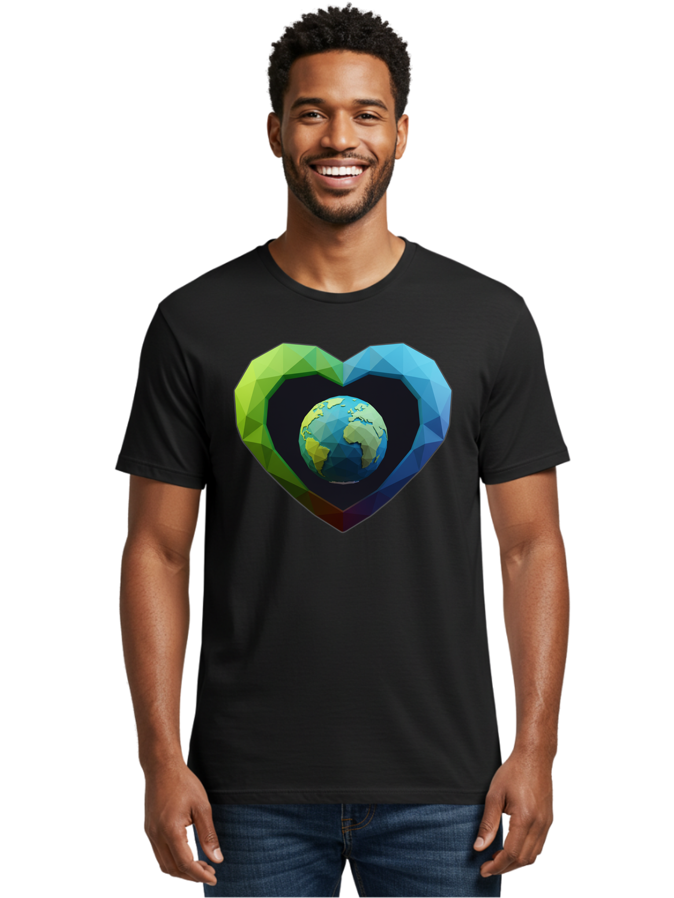 Earth-In-Heart-2 Men'S Graphic Tee, 100% Cotton, Comfortable Casual Summer Wear, Machine Washable, Globe In The Heart, Low Poly Art, Earth Love, Eco Friendly, Environmental Awareness, Blue And Green Hues, Polygonal Heart, Earth Centered, Baa582 28