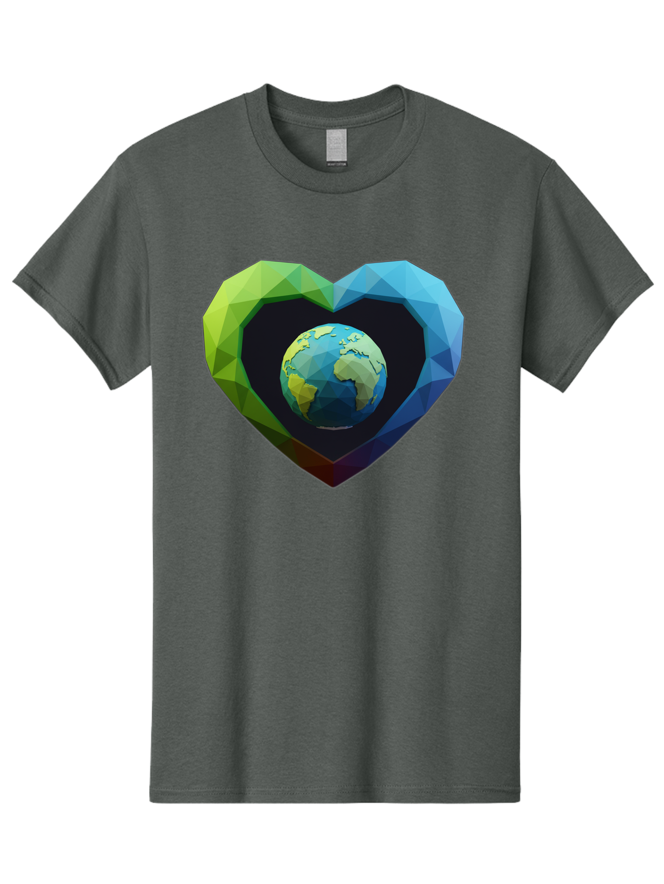 Earth-In-Heart-2 Men'S Graphic Tee, 100% Cotton, Comfortable Casual Summer Wear, Machine Washable, Globe In The Heart, Low Poly Art, Earth Love, Eco Friendly, Environmental Awareness, Blue And Green Hues, Polygonal Heart, Earth Centered, Baa582 25