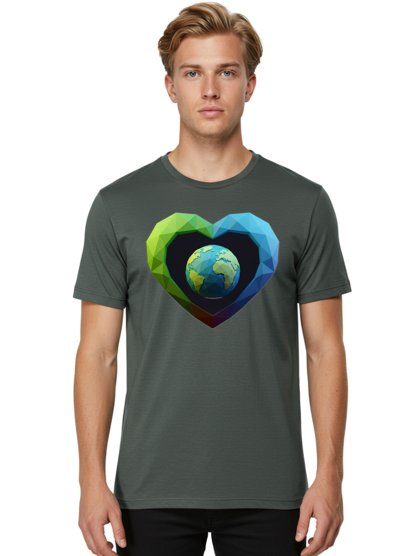 Earth-In-Heart-2 Men'S Graphic Tee, 100% Cotton, Comfortable Casual Summer Wear, Machine Washable, Globe In The Heart, Low Poly Art, Earth Love, Eco Friendly, Environmental Awareness, Blue And Green Hues, Polygonal Heart, Earth Centered, Baa582 26