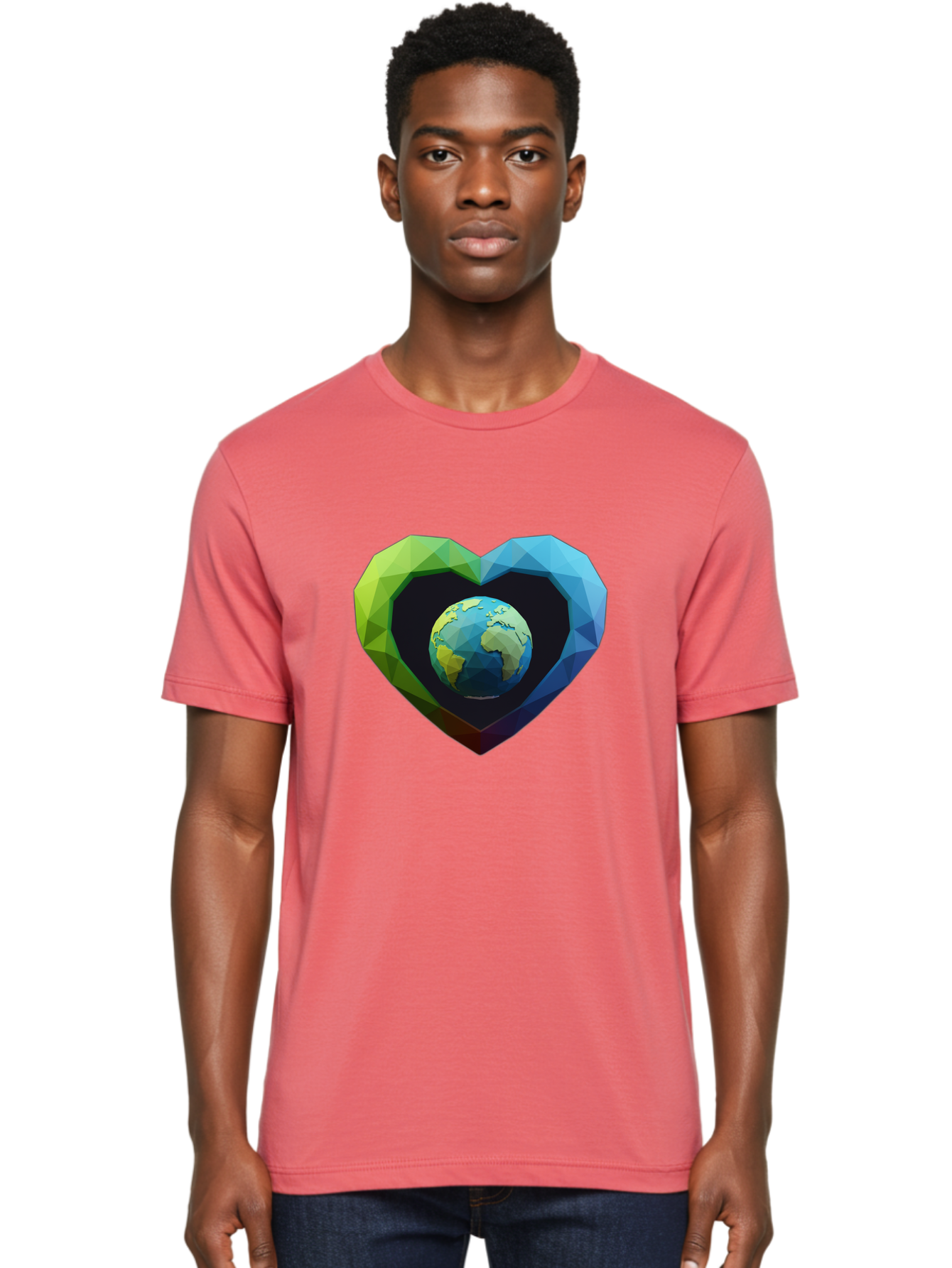 Earth-In-Heart-2 Men'S Graphic Tee, 100% Cotton, Comfortable Casual Summer Wear, Machine Washable, Globe In The Heart, Low Poly Art, Earth Love, Eco Friendly, Environmental Awareness, Blue And Green Hues, Polygonal Heart, Earth Centered, Baa582 18