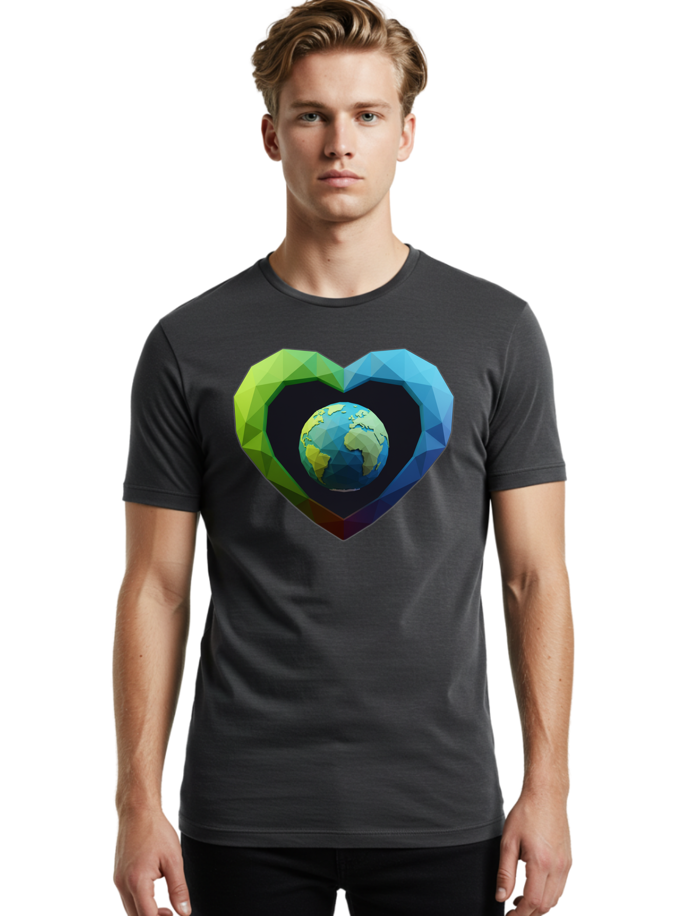 Earth-In-Heart-2 Men'S Graphic Tee, 100% Cotton, Comfortable Casual Summer Wear, Machine Washable, Globe In The Heart, Low Poly Art, Earth Love, Eco Friendly, Environmental Awareness, Blue And Green Hues, Polygonal Heart, Earth Centered, Baa582 14