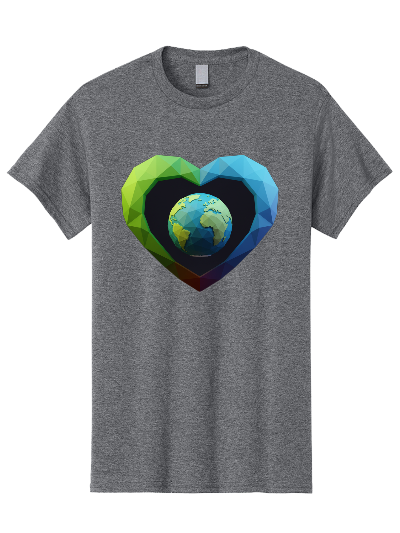 Earth-In-Heart-2 Men'S Graphic Tee, 100% Cotton, Comfortable Casual Summer Wear, Machine Washable, Globe In The Heart, Low Poly Art, Earth Love, Eco Friendly, Environmental Awareness, Blue And Green Hues, Polygonal Heart, Earth Centered, Baa582 15