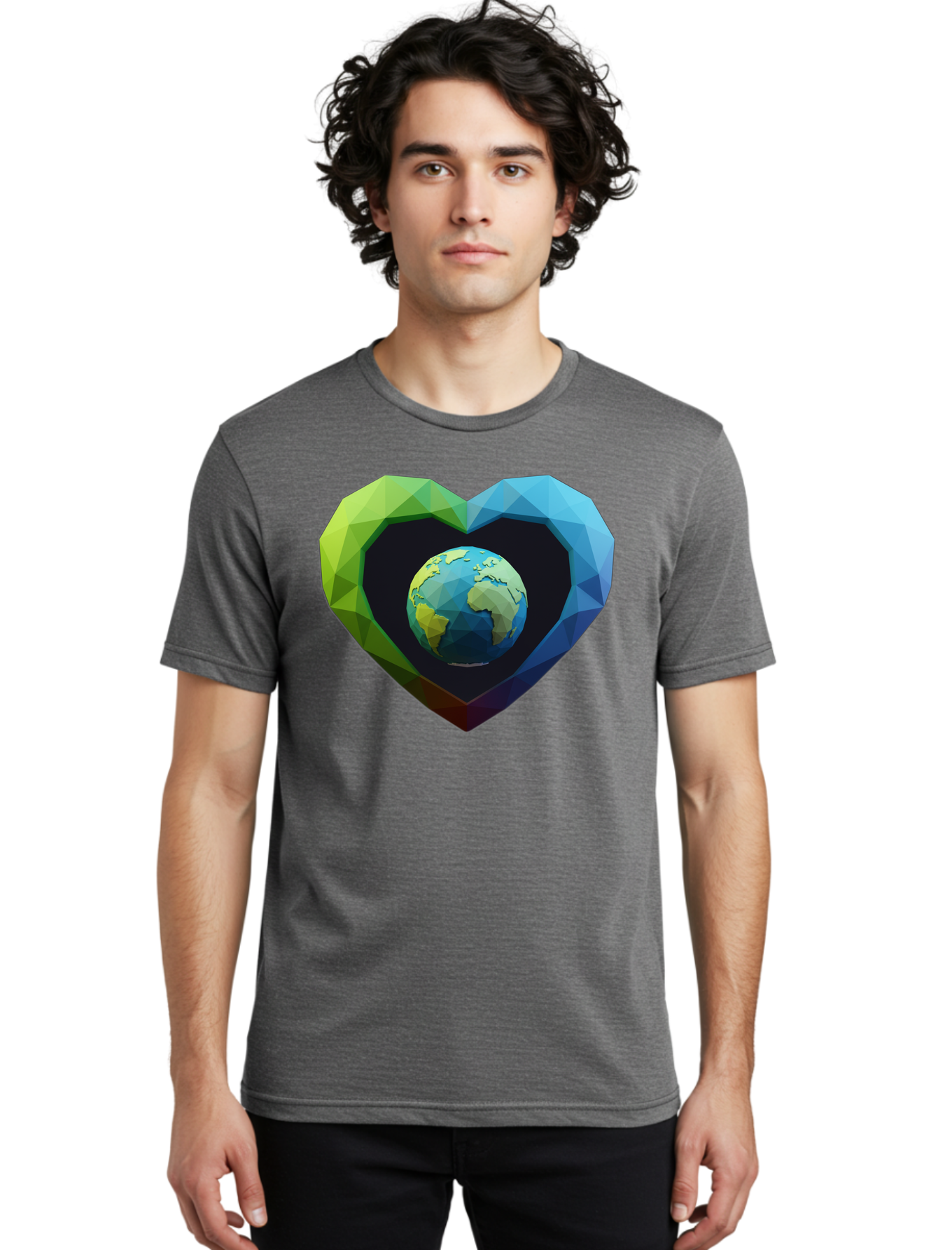 Earth-In-Heart-2 Men'S Graphic Tee, 100% Cotton, Comfortable Casual Summer Wear, Machine Washable, Globe In The Heart, Low Poly Art, Earth Love, Eco Friendly, Environmental Awareness, Blue And Green Hues, Polygonal Heart, Earth Centered, Baa582 16
