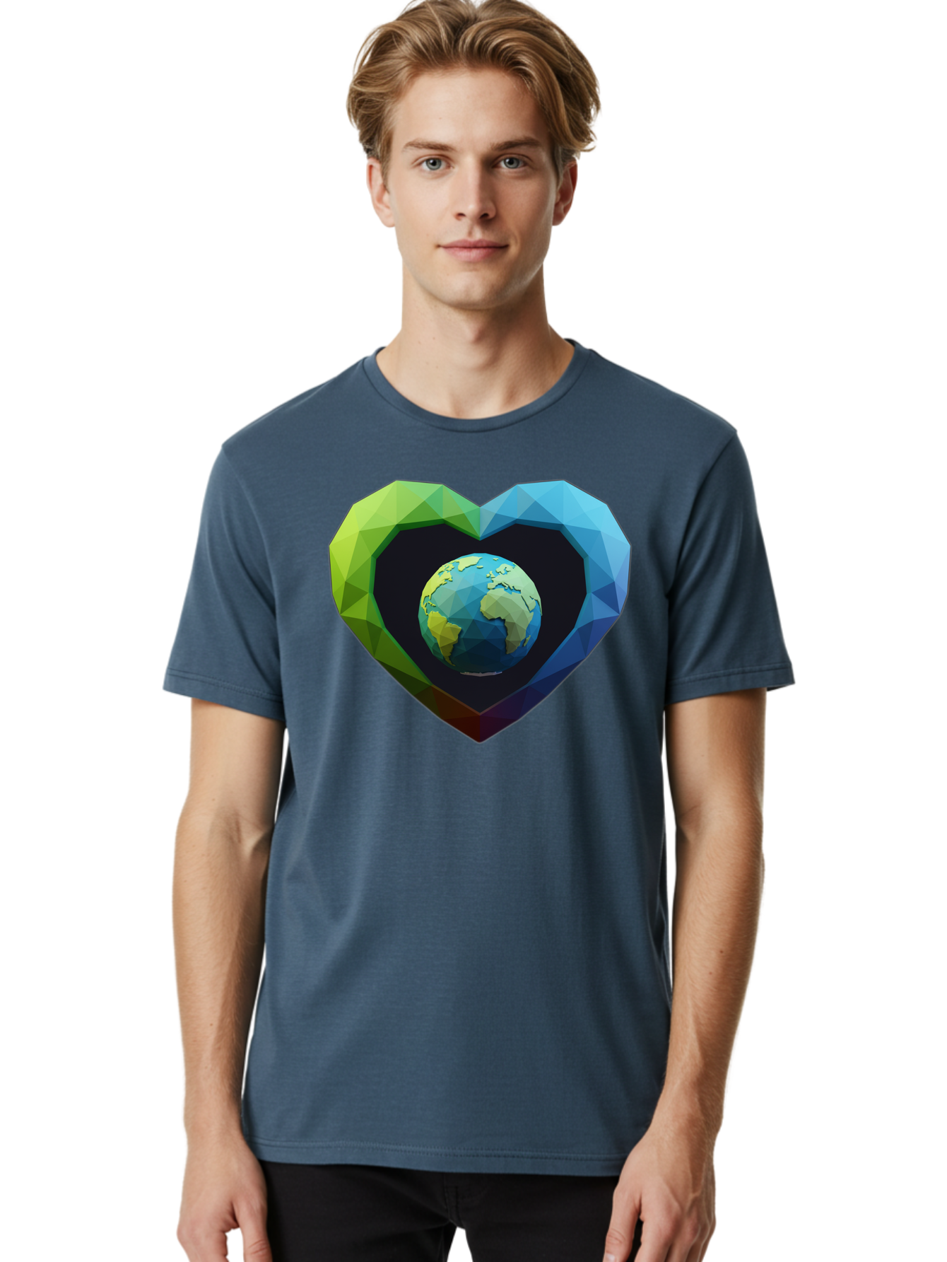 Earth-In-Heart-2 Men'S Graphic Tee, 100% Cotton, Comfortable Casual Summer Wear, Machine Washable, Globe In The Heart, Low Poly Art, Earth Love, Eco Friendly, Environmental Awareness, Blue And Green Hues, Polygonal Heart, Earth Centered, Baa582 10