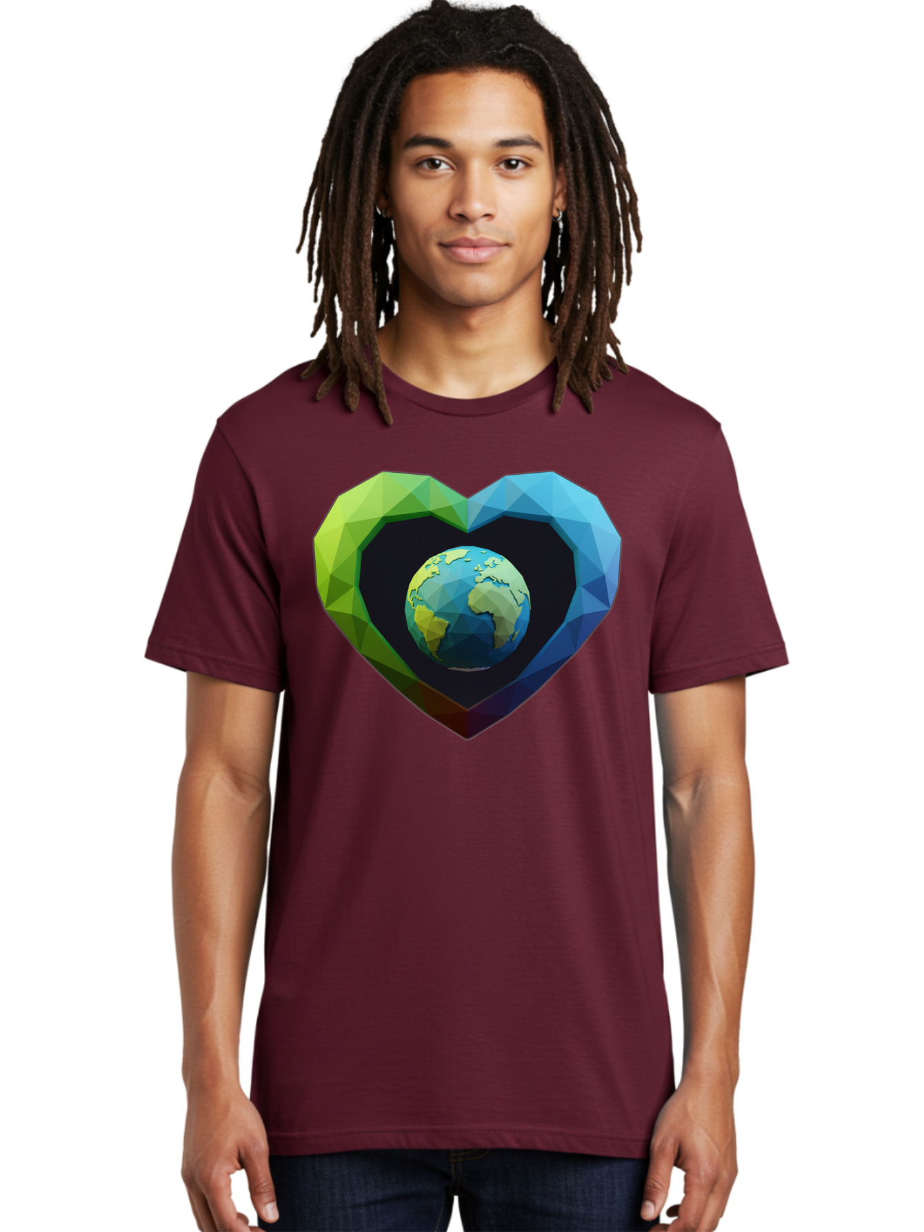 Earth-In-Heart-2 Men'S Graphic Tee, 100% Cotton, Comfortable Casual Summer Wear, Machine Washable, Globe In The Heart, Low Poly Art, Earth Love, Eco Friendly, Environmental Awareness, Blue And Green Hues, Polygonal Heart, Earth Centered, Baa582 20