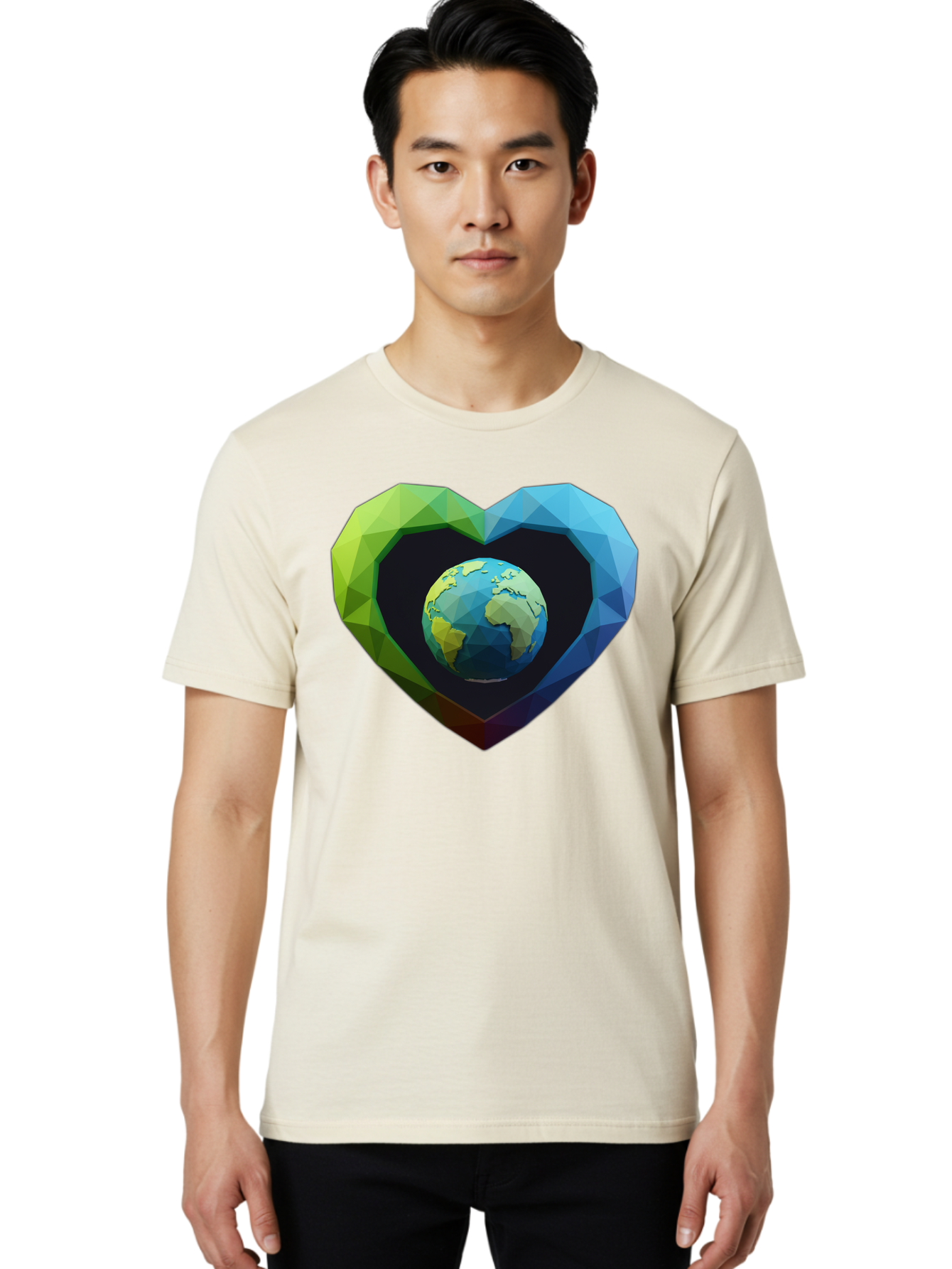 Earth-In-Heart-2 Men'S Graphic Tee, 100% Cotton, Comfortable Casual Summer Wear, Machine Washable, Globe In The Heart, Low Poly Art, Earth Love, Eco Friendly, Environmental Awareness, Blue And Green Hues, Polygonal Heart, Earth Centered, Baa582 6
