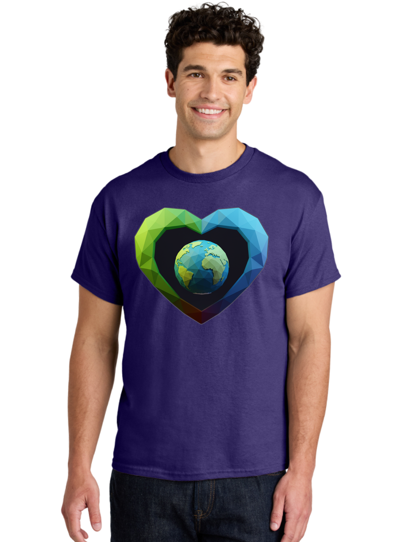 Earth-In-Heart-2 Men'S Graphic Tee, 100% Cotton, Comfortable Casual Summer Wear, Machine Washable, Globe In The Heart, Low Poly Art, Earth Love, Eco Friendly, Environmental Awareness, Blue And Green Hues, Polygonal Heart, Earth Centered, Baa582 24