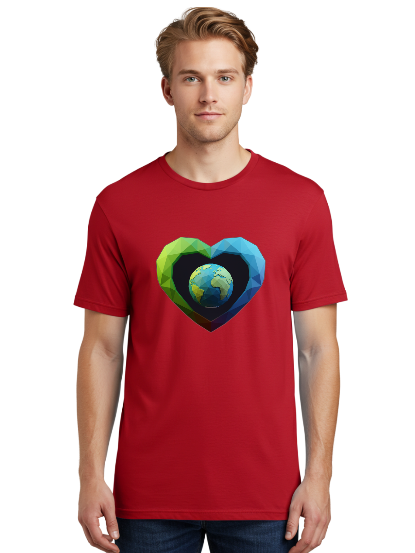 Earth-In-Heart-2 Men'S Graphic Tee, 100% Cotton, Comfortable Casual Summer Wear, Machine Washable, Globe In The Heart, Low Poly Art, Earth Love, Eco Friendly, Environmental Awareness, Blue And Green Hues, Polygonal Heart, Earth Centered, Baa582 30
