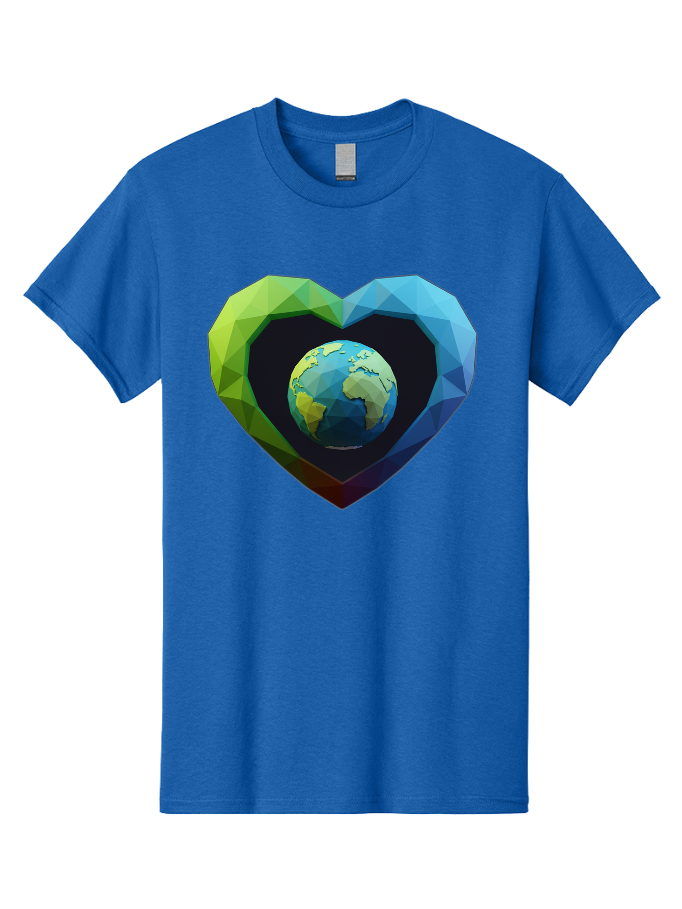 Earth-In-Heart-2 Men'S Graphic Tee, 100% Cotton, Comfortable Casual Summer Wear, Machine Washable, Globe In The Heart, Low Poly Art, Earth Love, Eco Friendly, Environmental Awareness, Blue And Green Hues, Polygonal Heart, Earth Centered, Baa582 3
