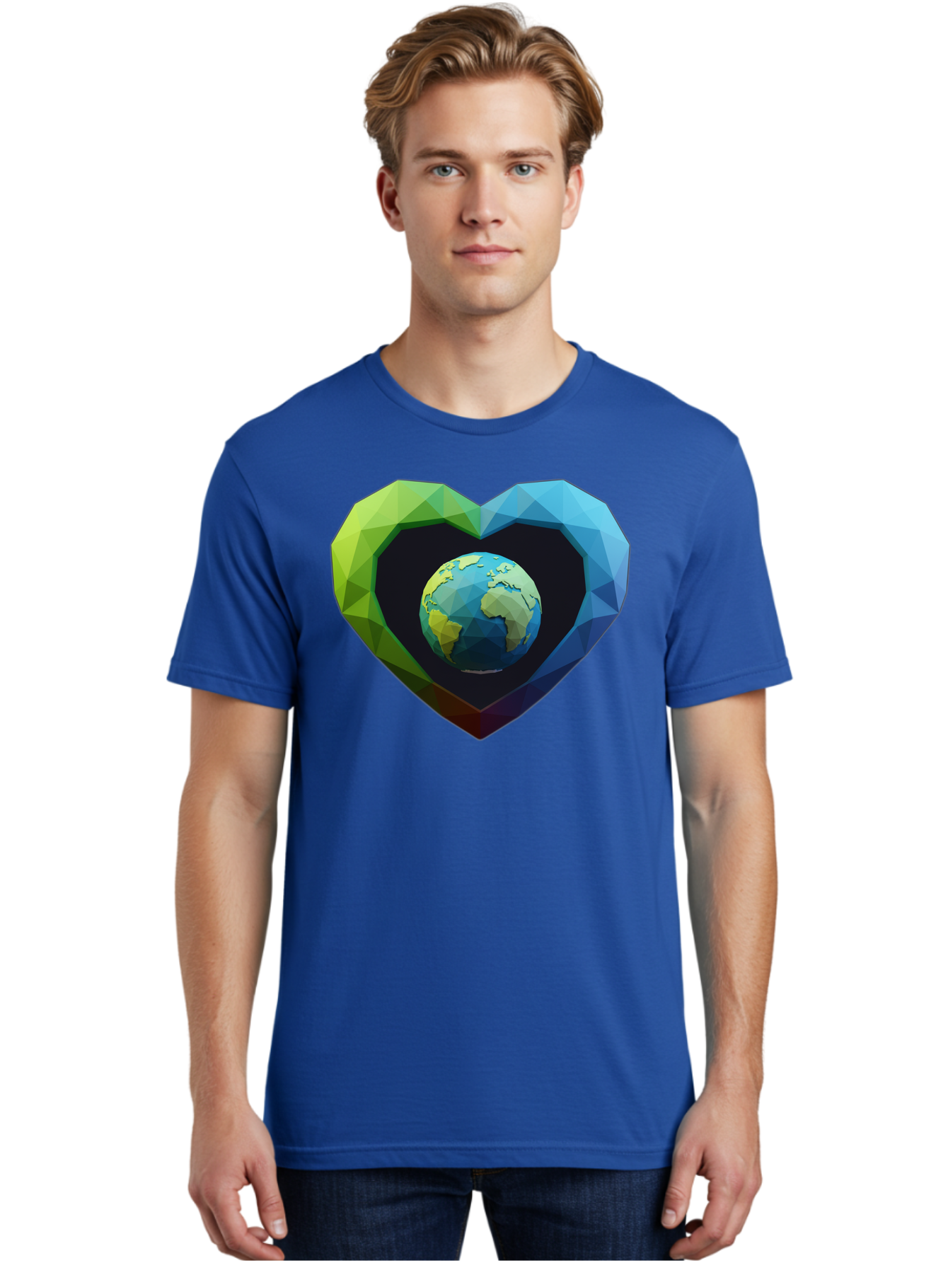 Earth-In-Heart-2 Men'S Graphic Tee, 100% Cotton, Comfortable Casual Summer Wear, Machine Washable, Globe In The Heart, Low Poly Art, Earth Love, Eco Friendly, Environmental Awareness, Blue And Green Hues, Polygonal Heart, Earth Centered, Baa582 4