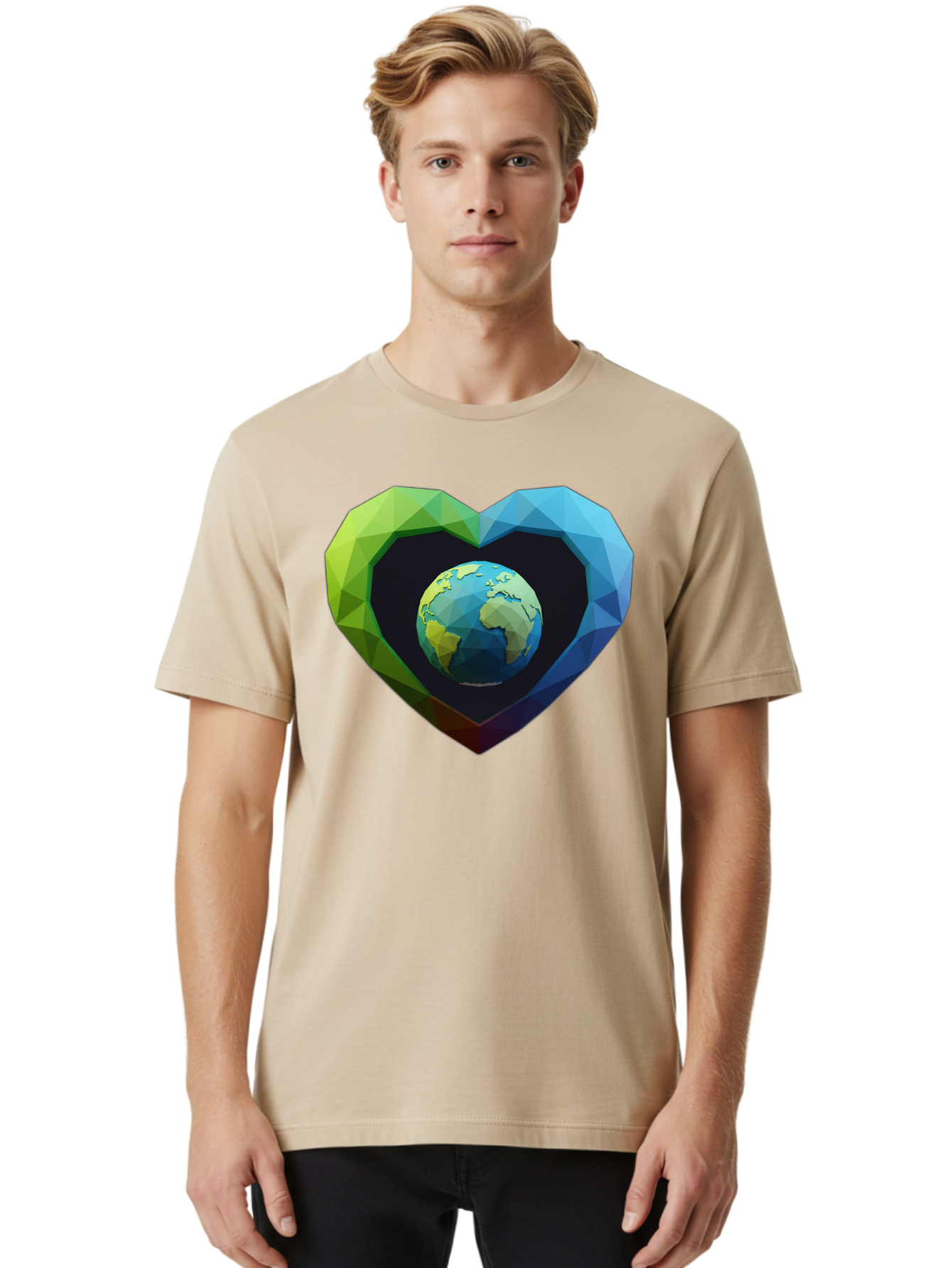 Earth-In-Heart-2 Men'S Graphic Tee, 100% Cotton, Comfortable Casual Summer Wear, Machine Washable, Globe In The Heart, Low Poly Art, Earth Love, Eco Friendly, Environmental Awareness, Blue And Green Hues, Polygonal Heart, Earth Centered, Baa582 12