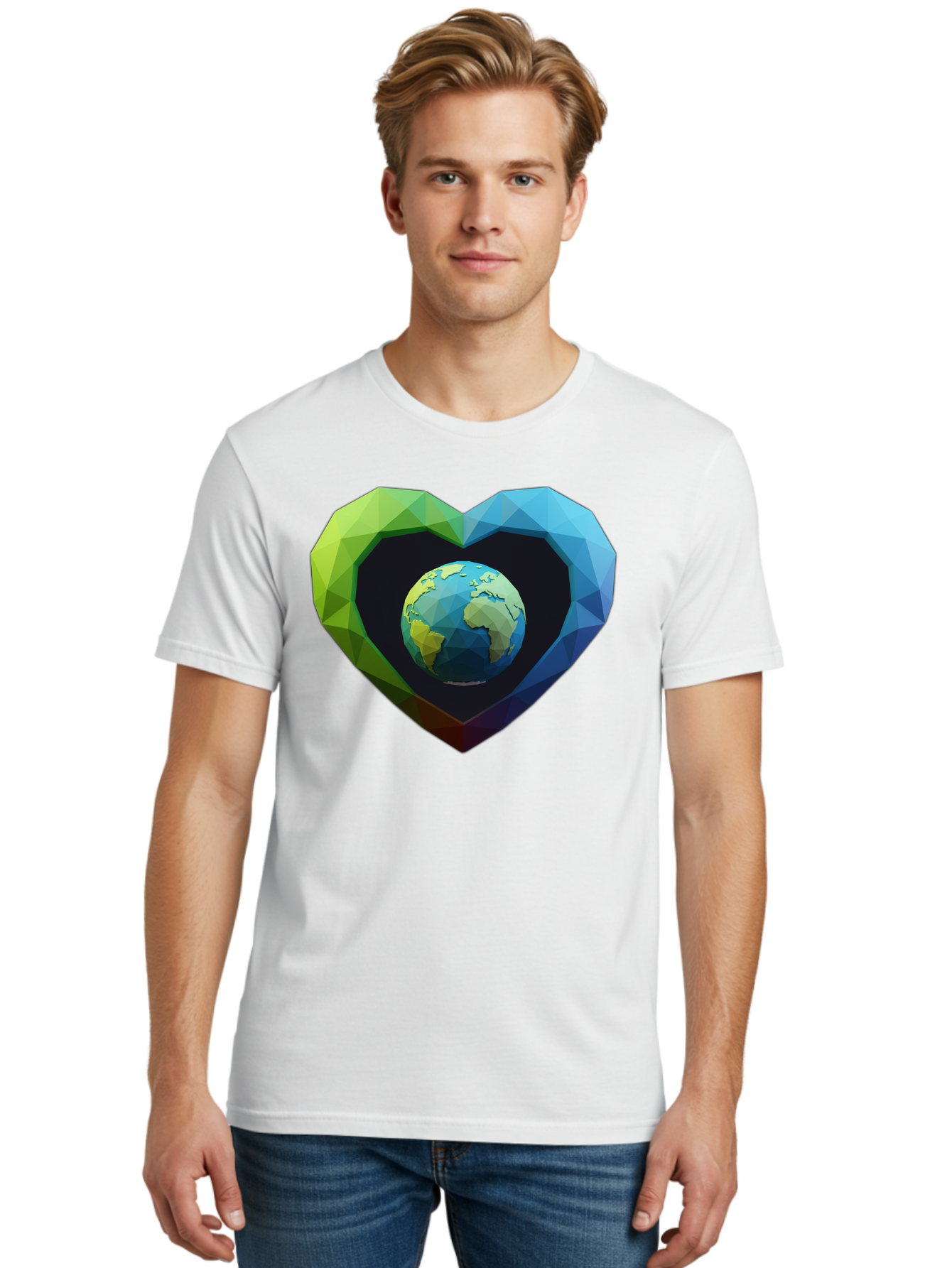 Earth-In-Heart-2 Men'S Graphic Tee, 100% Cotton, Comfortable Casual Summer Wear, Machine Washable, Globe In The Heart, Low Poly Art, Earth Love, Eco Friendly, Environmental Awareness, Blue And Green Hues, Polygonal Heart, Earth Centered, Baa582 22