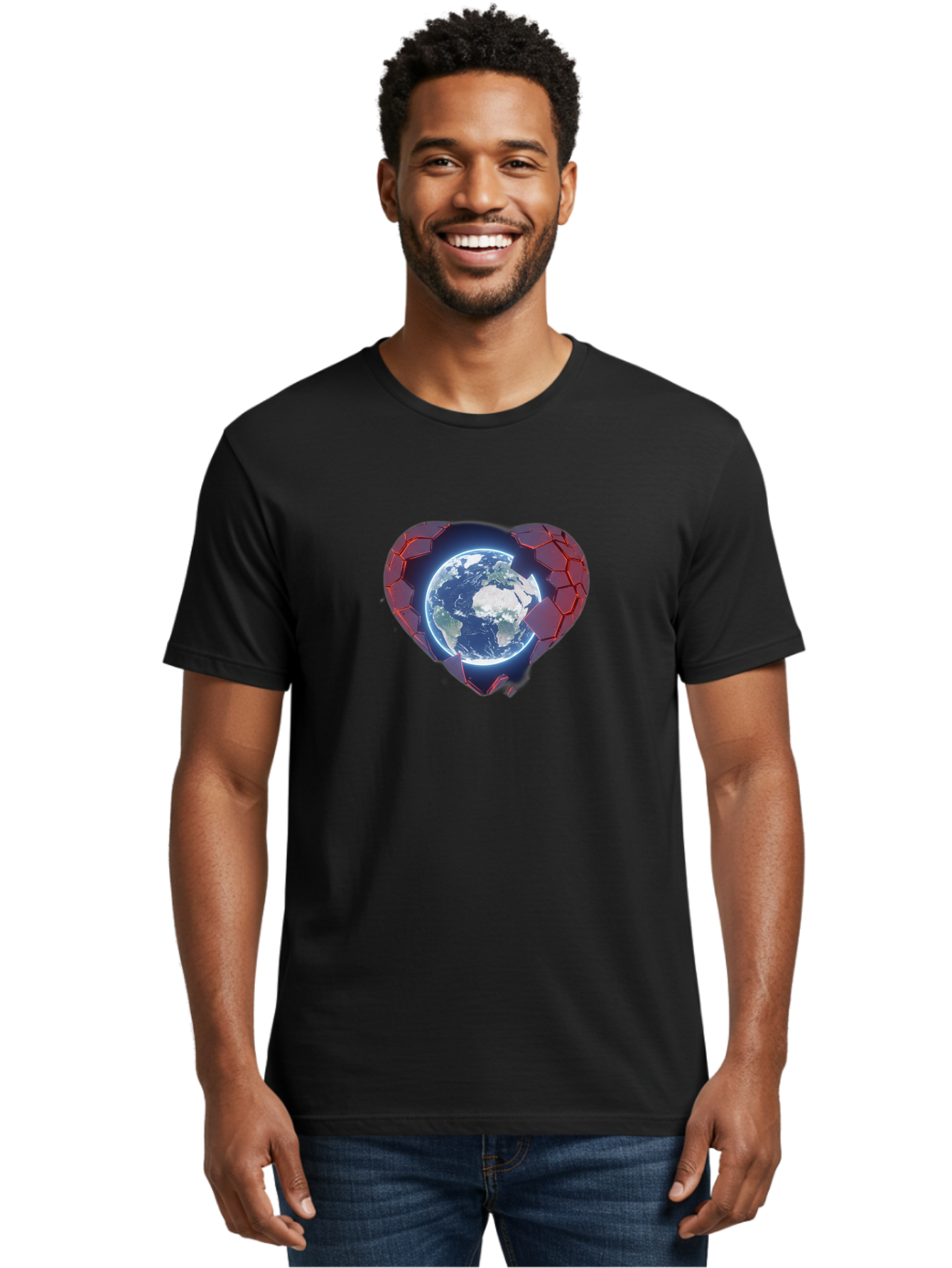 Earth-In-Heart-3 Men'S Graphic Tee, 100% Cotton, Comfortable Casual Summer Wear, Machine Washable, Globe In Heart Shape, Love For The Planet, Global Unity, Earth Protection, World Harmony, Futuristic Design, Heart-Shaped Armor, Baa583 26