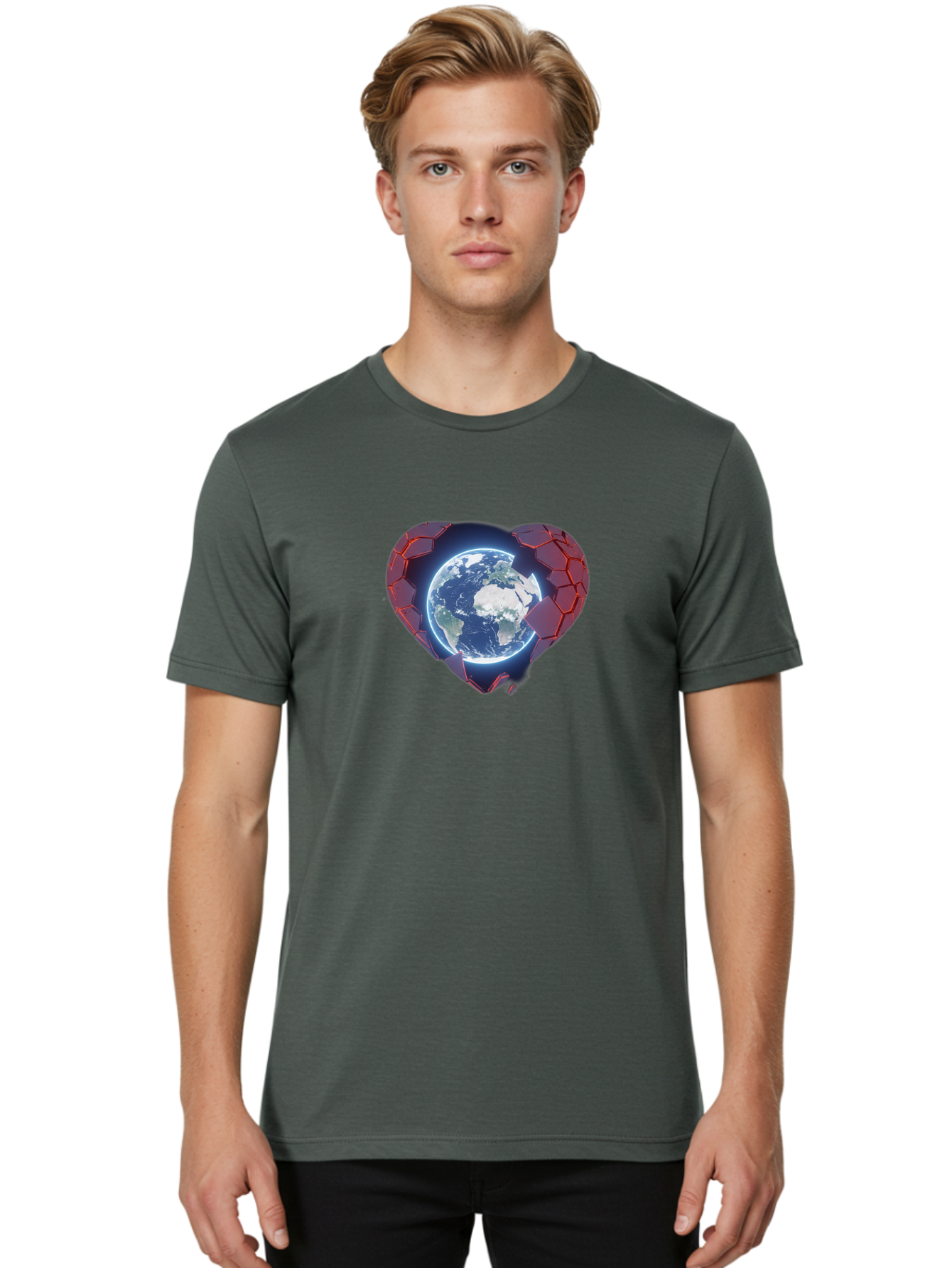 Earth-In-Heart-3 Men'S Graphic Tee, 100% Cotton, Comfortable Casual Summer Wear, Machine Washable, Globe In Heart Shape, Love For The Planet, Global Unity, Earth Protection, World Harmony, Futuristic Design, Heart-Shaped Armor, Baa583 18