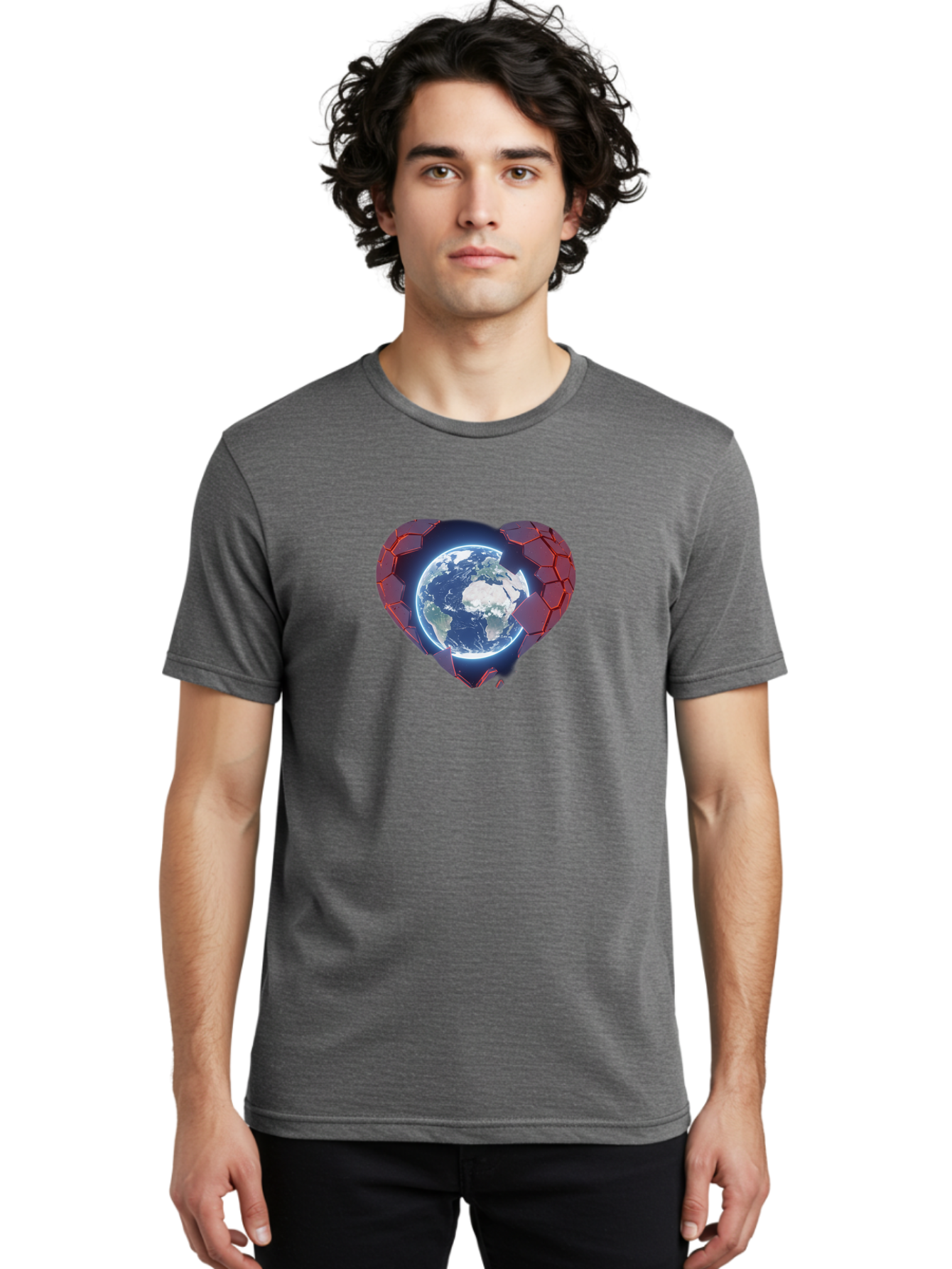 Earth-In-Heart-3 Men'S Graphic Tee, 100% Cotton, Comfortable Casual Summer Wear, Machine Washable, Globe In Heart Shape, Love For The Planet, Global Unity, Earth Protection, World Harmony, Futuristic Design, Heart-Shaped Armor, Baa583 28