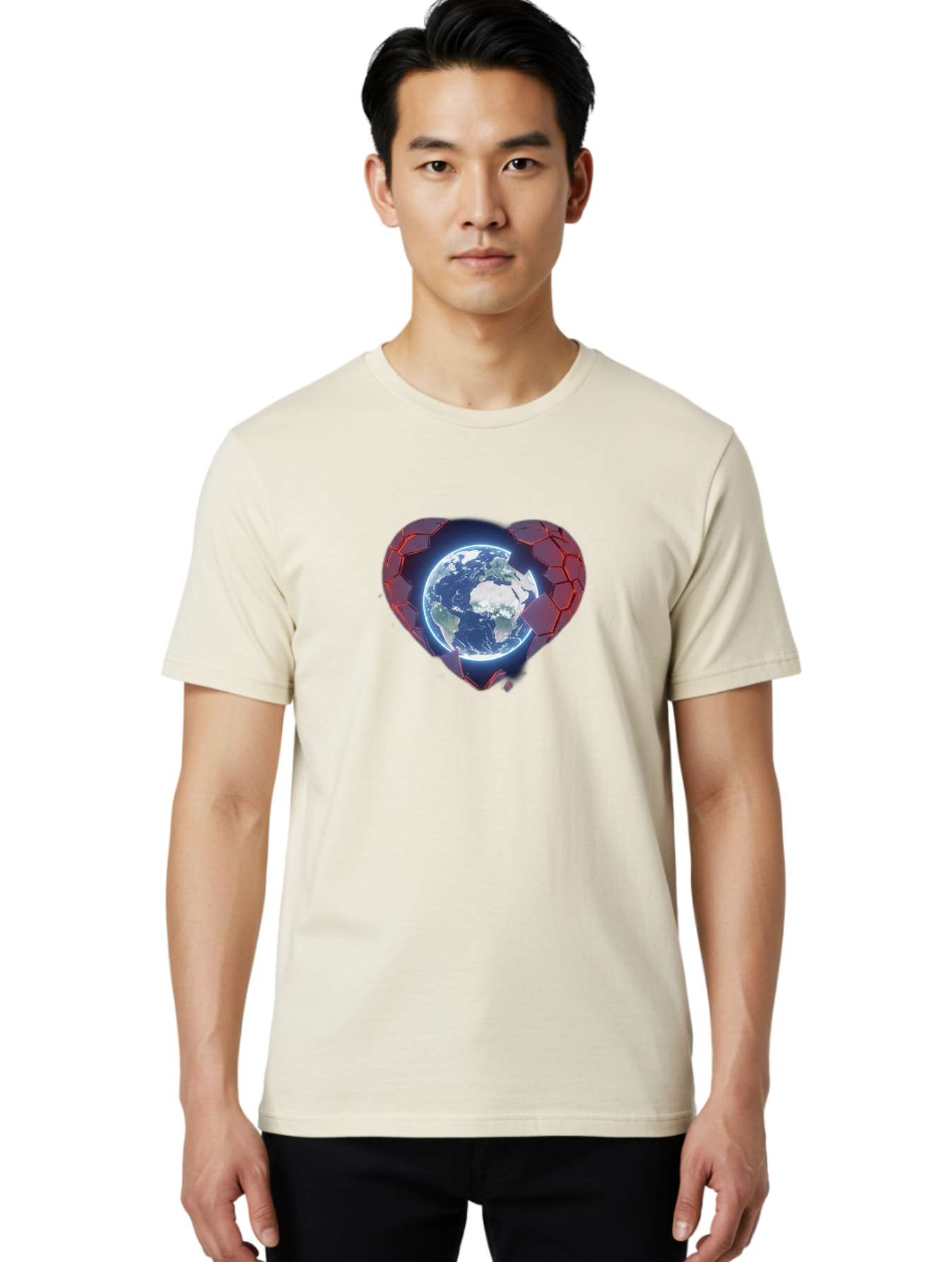 Earth-In-Heart-3 Men'S Graphic Tee, 100% Cotton, Comfortable Casual Summer Wear, Machine Washable, Globe In Heart Shape, Love For The Planet, Global Unity, Earth Protection, World Harmony, Futuristic Design, Heart-Shaped Armor, Baa583 24