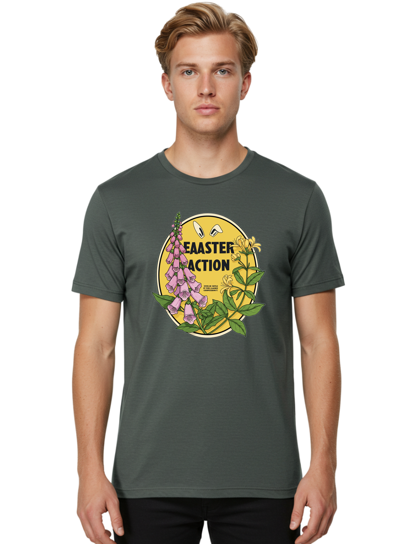 Easter-Action Men'S Graphic Tee, 100% Cotton, Comfortable Casual Summer Wear, Machine Washable, Easter Action Graphic, Easter Eggs, Digital Illustration, Foxglove Flowers, Spring Flowers, Pastel Colors, Botanical Art, Floral Design, Baa595 24