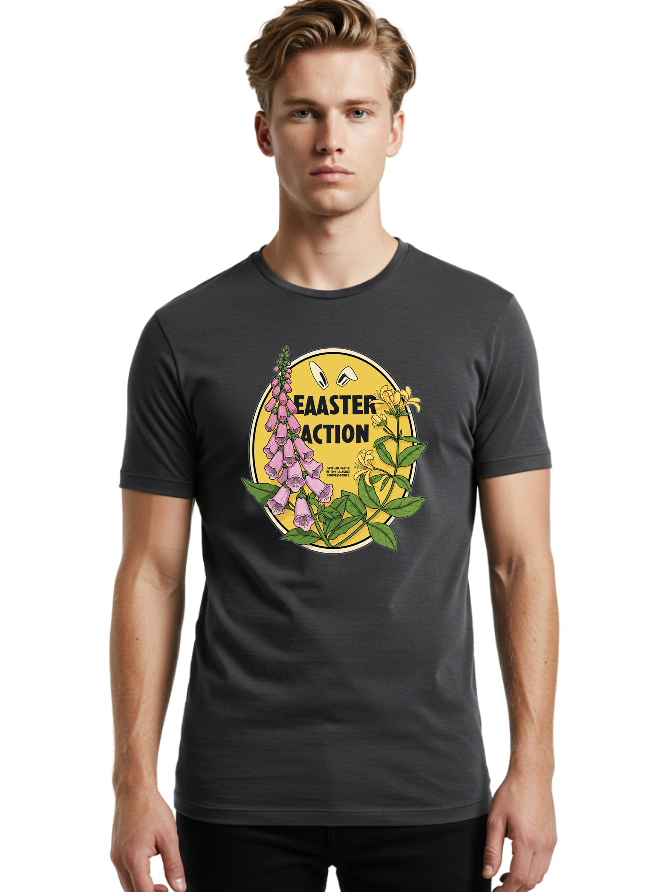 Easter-Action Men'S Graphic Tee, 100% Cotton, Comfortable Casual Summer Wear, Machine Washable, Easter Action Graphic, Easter Eggs, Digital Illustration, Foxglove Flowers, Spring Flowers, Pastel Colors, Botanical Art, Floral Design, Baa595 10