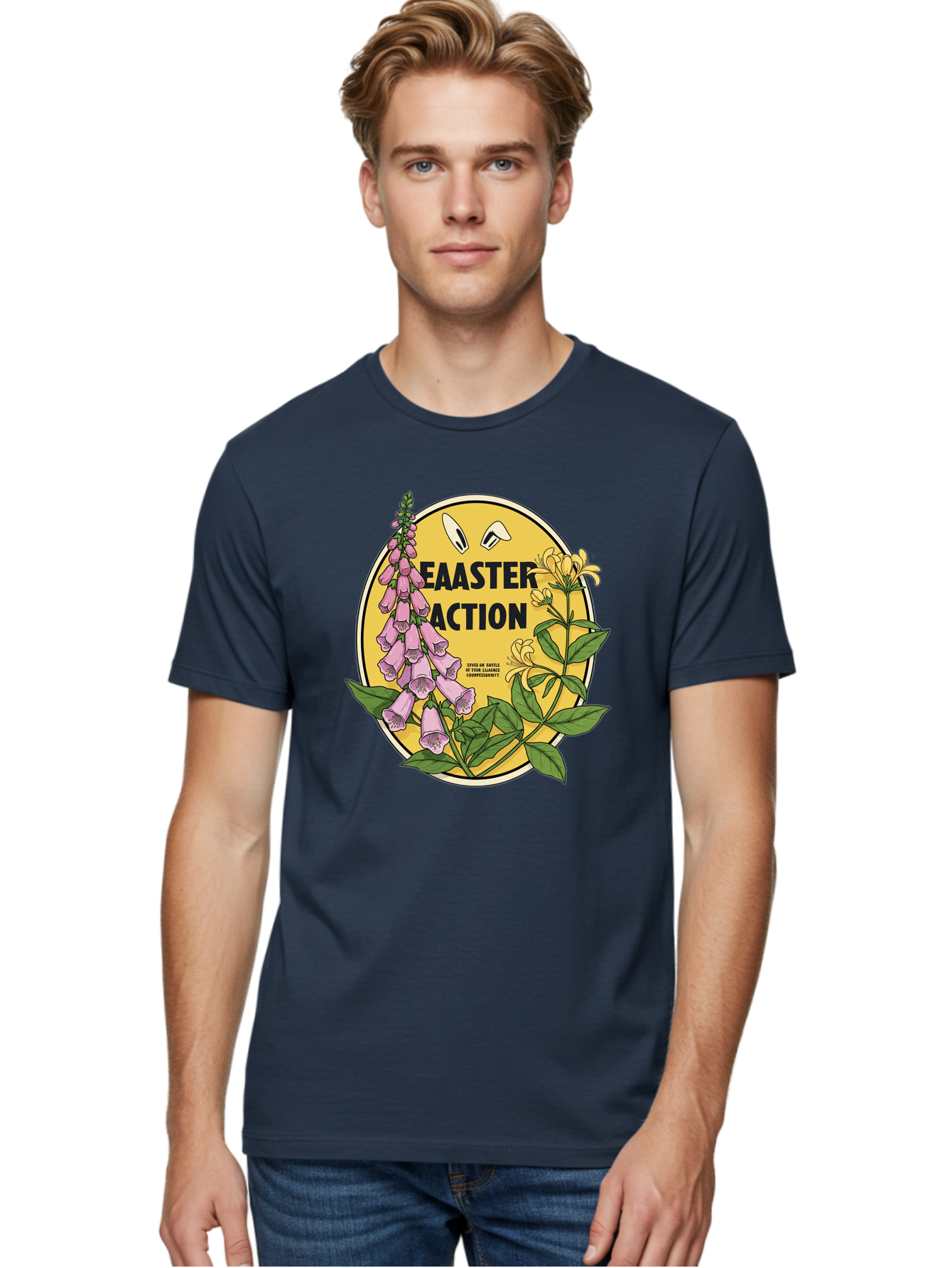 Easter-Action Men'S Graphic Tee, 100% Cotton, Comfortable Casual Summer Wear, Machine Washable, Easter Action Graphic, Easter Eggs, Digital Illustration, Foxglove Flowers, Spring Flowers, Pastel Colors, Botanical Art, Floral Design, Baa595 30