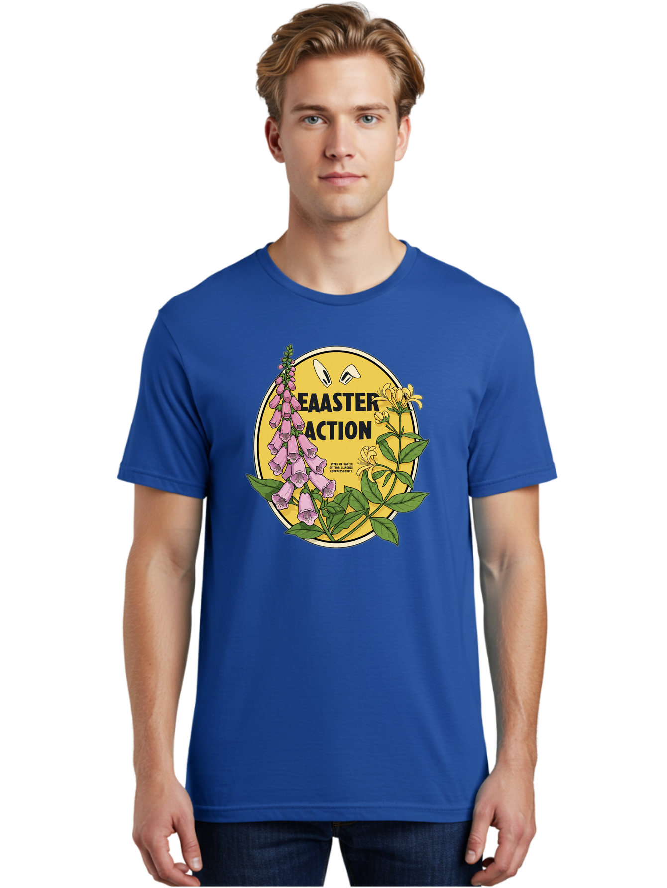 Easter-Action Men'S Graphic Tee, 100% Cotton, Comfortable Casual Summer Wear, Machine Washable, Easter Action Graphic, Easter Eggs, Digital Illustration, Foxglove Flowers, Spring Flowers, Pastel Colors, Botanical Art, Floral Design, Baa595 2