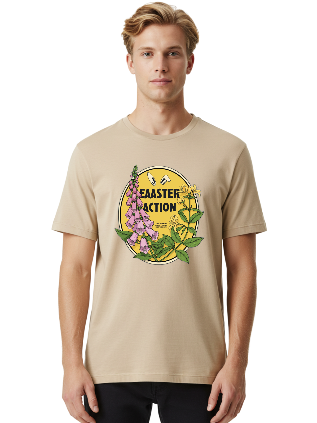 Easter-Action Men'S Graphic Tee, 100% Cotton, Comfortable Casual Summer Wear, Machine Washable, Easter Action Graphic, Easter Eggs, Digital Illustration, Foxglove Flowers, Spring Flowers, Pastel Colors, Botanical Art, Floral Design, Baa595 14