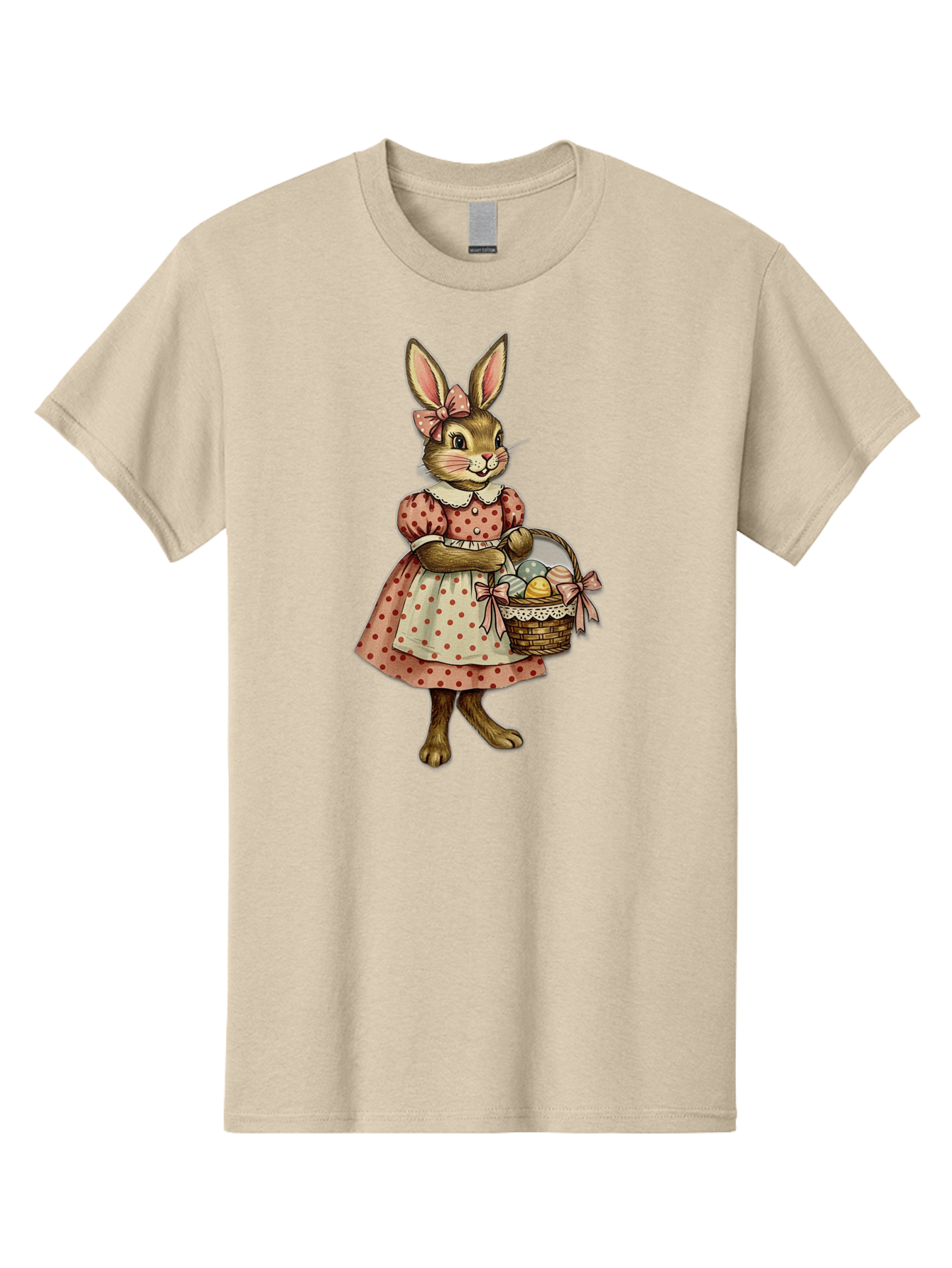 Easter-Bunny Men'S Graphic Tee, 100% Cotton, Comfortable Casual Summer Wear, Machine Washable, Anthropomorphic Rabbit, Easter Eggs, Polka Dot Dress, Wicker Basket, Pastel Colors, Spring Season, Easter Celebration, Vintage Style, Baa599 5