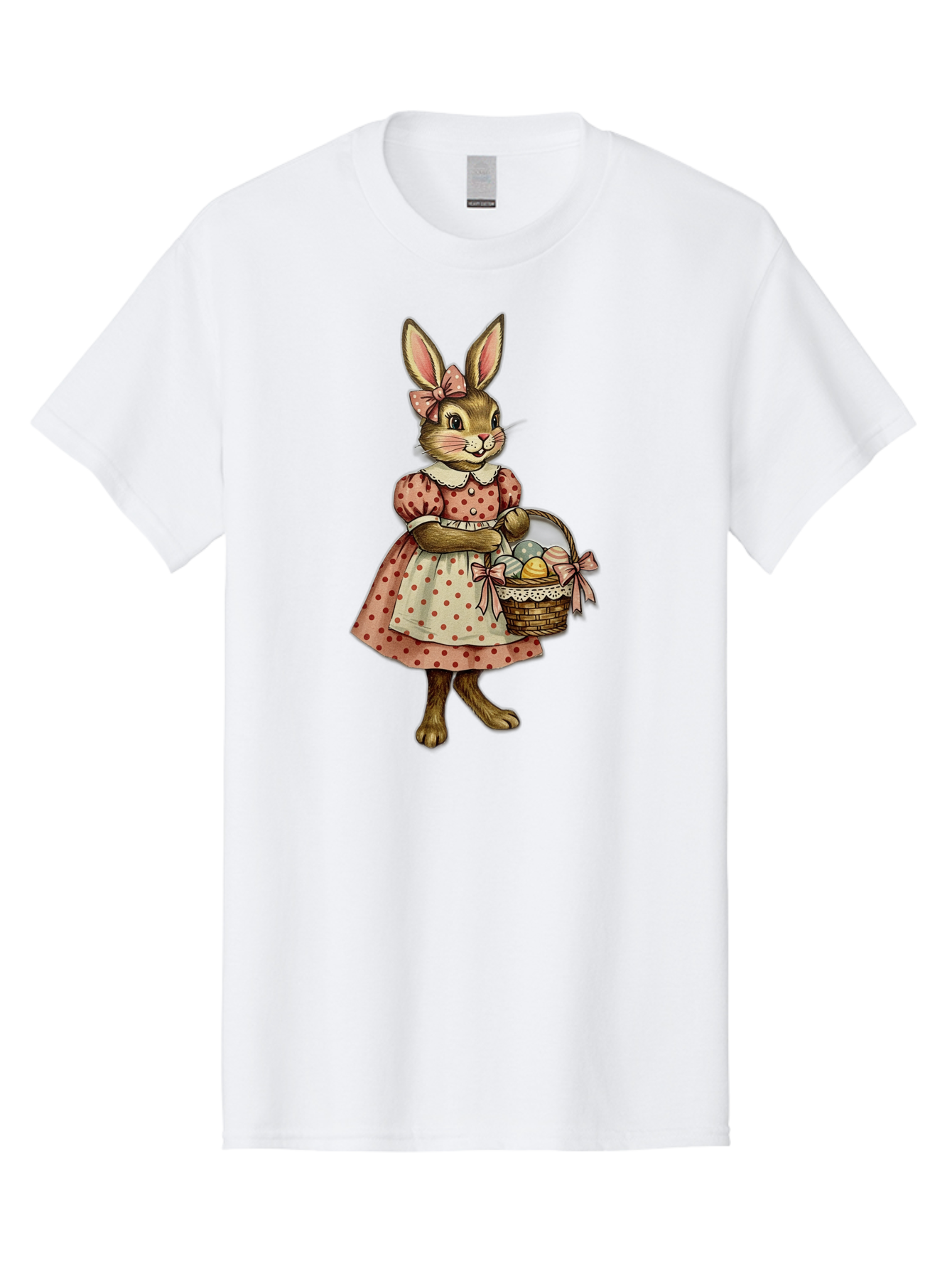 Easter-Bunny Men'S Graphic Tee, 100% Cotton, Comfortable Casual Summer Wear, Machine Washable, Anthropomorphic Rabbit, Easter Eggs, Polka Dot Dress, Wicker Basket, Pastel Colors, Spring Season, Easter Celebration, Vintage Style, Baa599 25