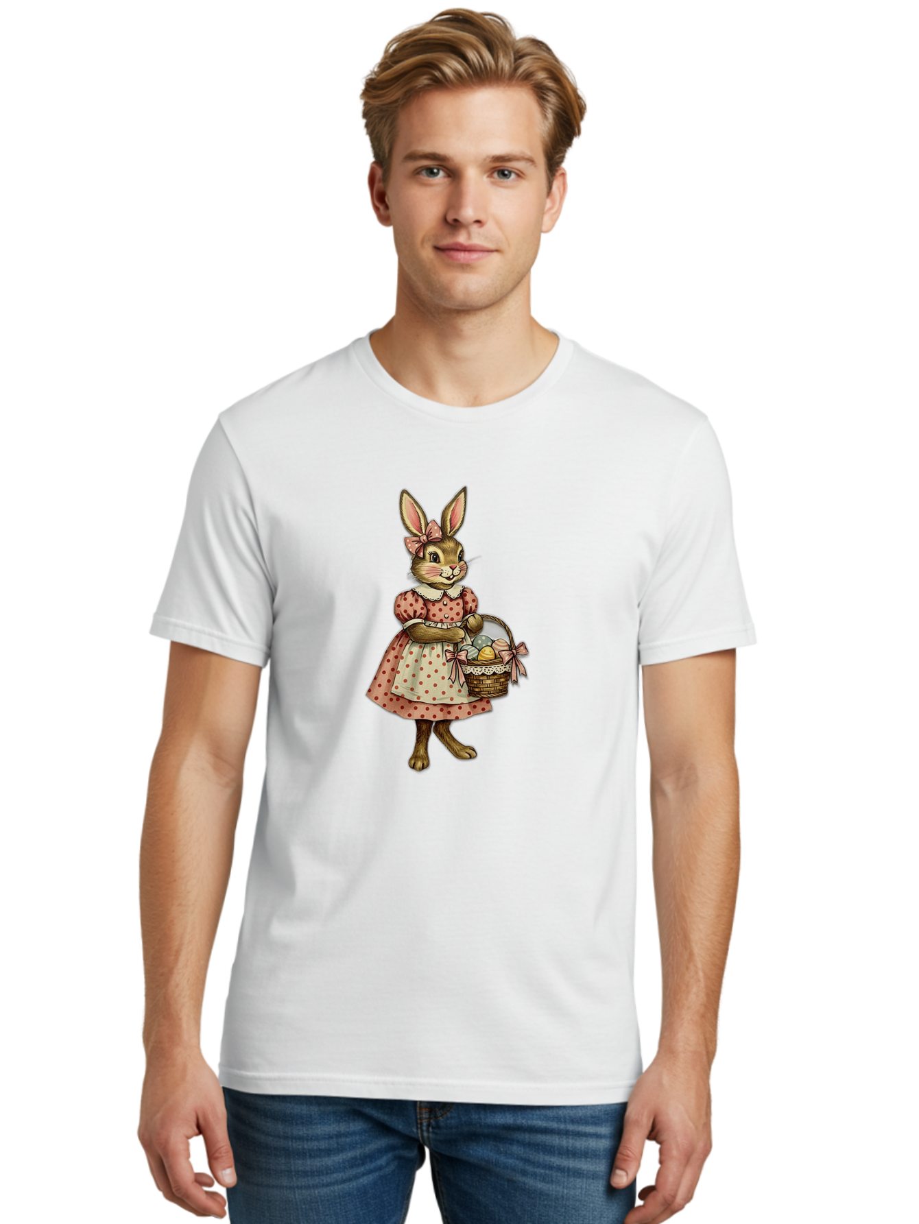 Easter-Bunny Men'S Graphic Tee, 100% Cotton, Comfortable Casual Summer Wear, Machine Washable, Anthropomorphic Rabbit, Easter Eggs, Polka Dot Dress, Wicker Basket, Pastel Colors, Spring Season, Easter Celebration, Vintage Style, Baa599 26