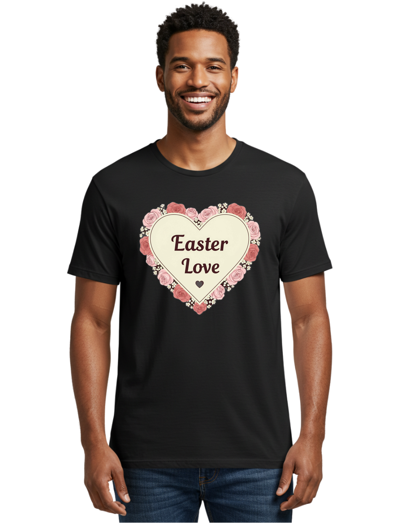 Easter-Love Men'S Graphic Tee, 100% Cotton, Comfortable Casual Summer Wear, Machine Washable, Easter Love, Heart-Shaped Frame, Pink Roses, Floral Wreath, Love Message, Small Green Heart, Easter Theme, Romantic Easter, Spring Flowers, Baa631 10
