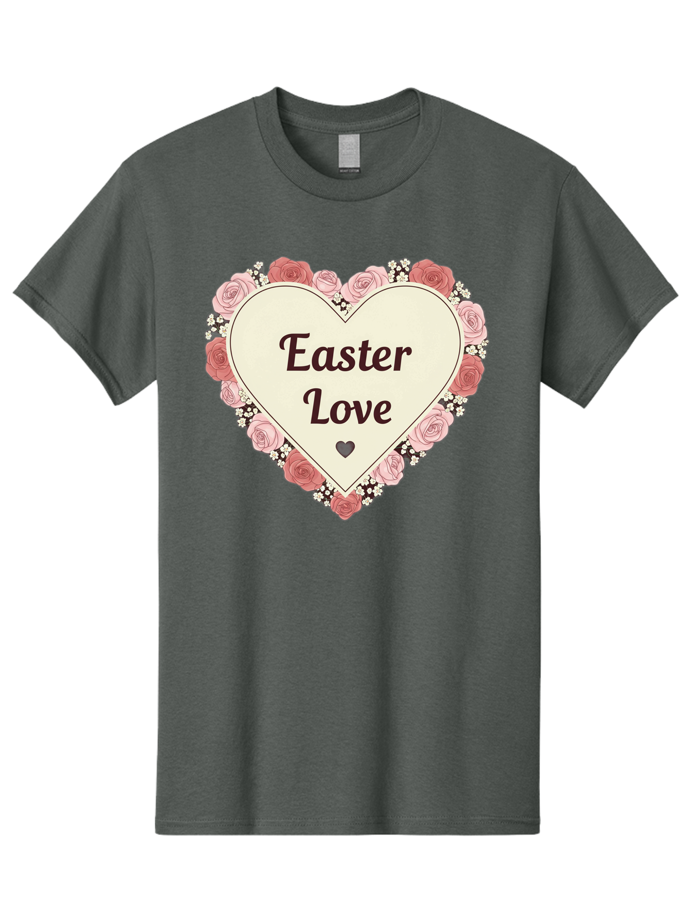 Easter-Love Men'S Graphic Tee, 100% Cotton, Comfortable Casual Summer Wear, Machine Washable, Easter Love, Heart-Shaped Frame, Pink Roses, Floral Wreath, Love Message, Small Green Heart, Easter Theme, Romantic Easter, Spring Flowers, Baa631 3