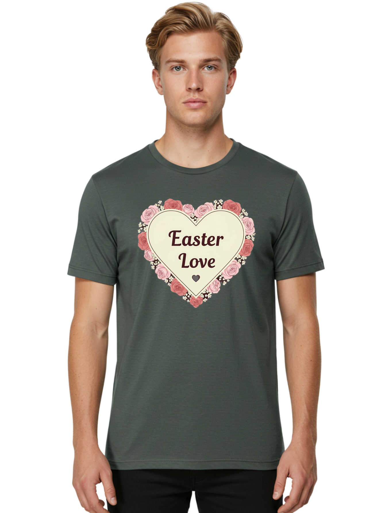 Easter-Love Men'S Graphic Tee, 100% Cotton, Comfortable Casual Summer Wear, Machine Washable, Easter Love, Heart-Shaped Frame, Pink Roses, Floral Wreath, Love Message, Small Green Heart, Easter Theme, Romantic Easter, Spring Flowers, Baa631 4