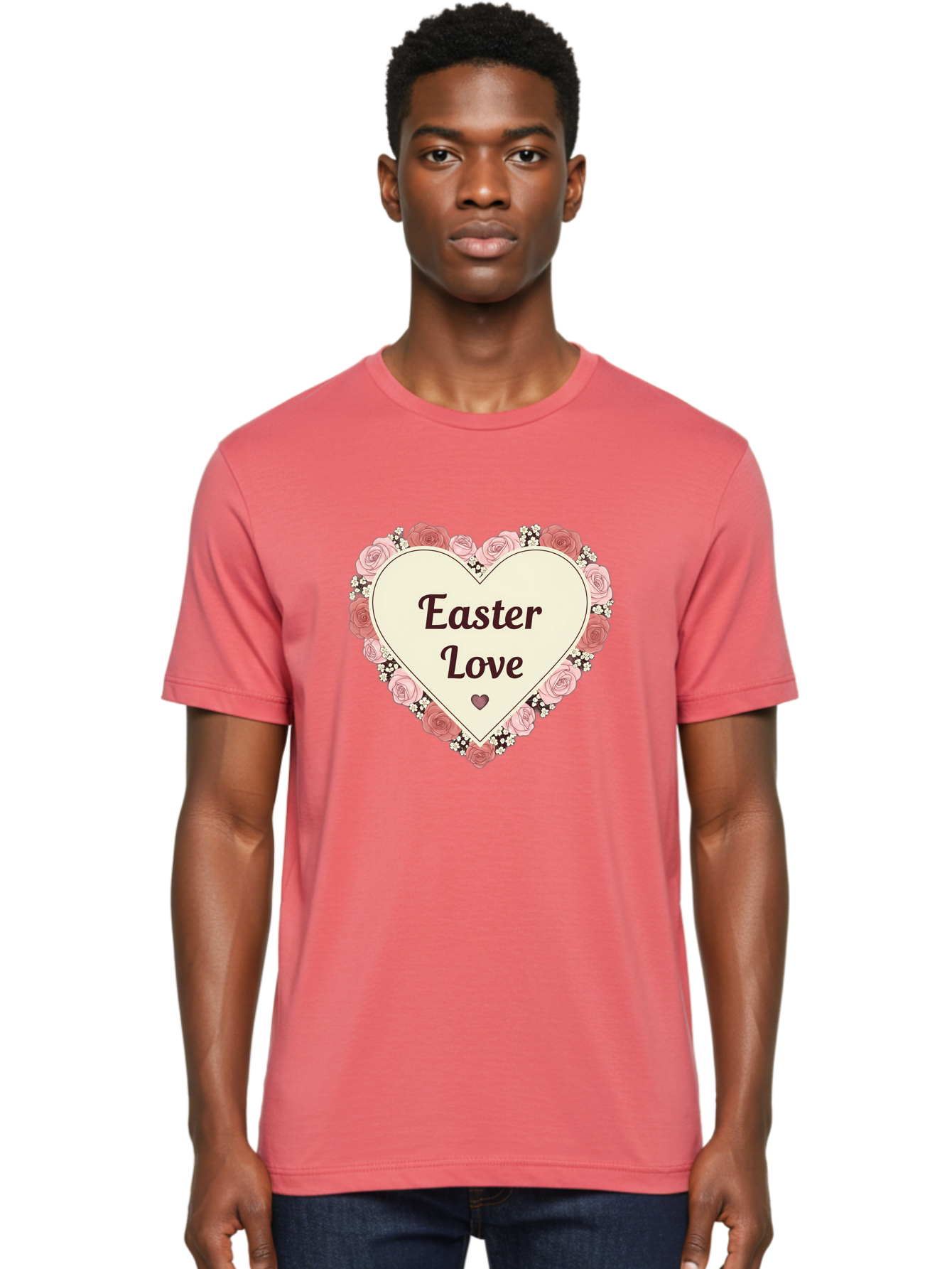 Easter-Love Men'S Graphic Tee, 100% Cotton, Comfortable Casual Summer Wear, Machine Washable, Easter Love, Heart-Shaped Frame, Pink Roses, Floral Wreath, Love Message, Small Green Heart, Easter Theme, Romantic Easter, Spring Flowers, Baa631 28