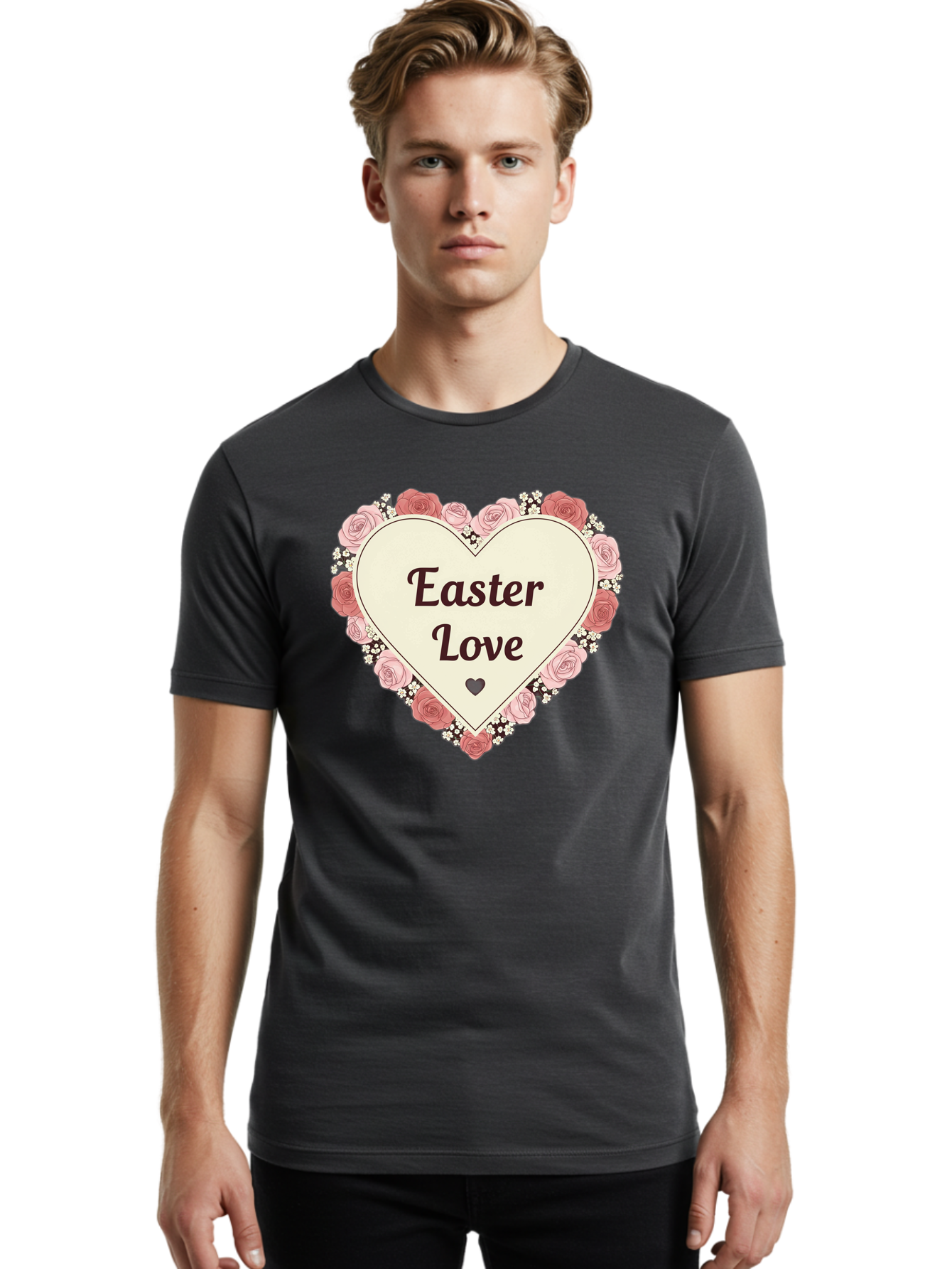 Easter-Love Men'S Graphic Tee, 100% Cotton, Comfortable Casual Summer Wear, Machine Washable, Easter Love, Heart-Shaped Frame, Pink Roses, Floral Wreath, Love Message, Small Green Heart, Easter Theme, Romantic Easter, Spring Flowers, Baa631 12