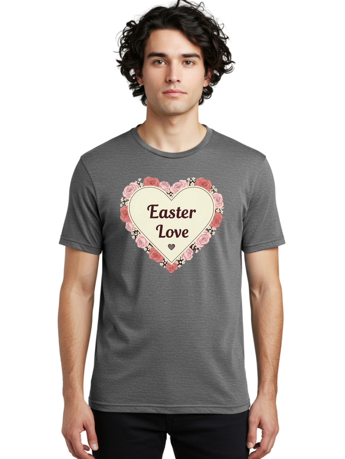 Easter-Love Men'S Graphic Tee, 100% Cotton, Comfortable Casual Summer Wear, Machine Washable, Easter Love, Heart-Shaped Frame, Pink Roses, Floral Wreath, Love Message, Small Green Heart, Easter Theme, Romantic Easter, Spring Flowers, Baa631 18