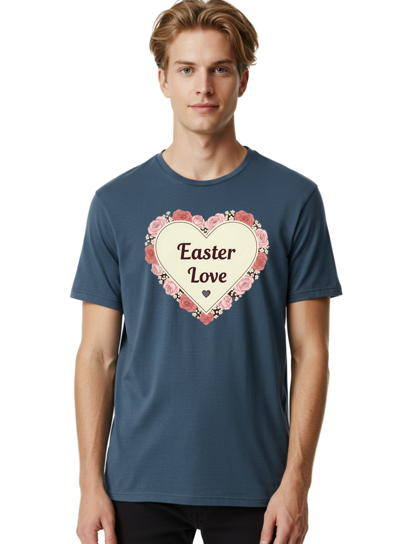 Easter-Love Men'S Graphic Tee, 100% Cotton, Comfortable Casual Summer Wear, Machine Washable, Easter Love, Heart-Shaped Frame, Pink Roses, Floral Wreath, Love Message, Small Green Heart, Easter Theme, Romantic Easter, Spring Flowers, Baa631 14