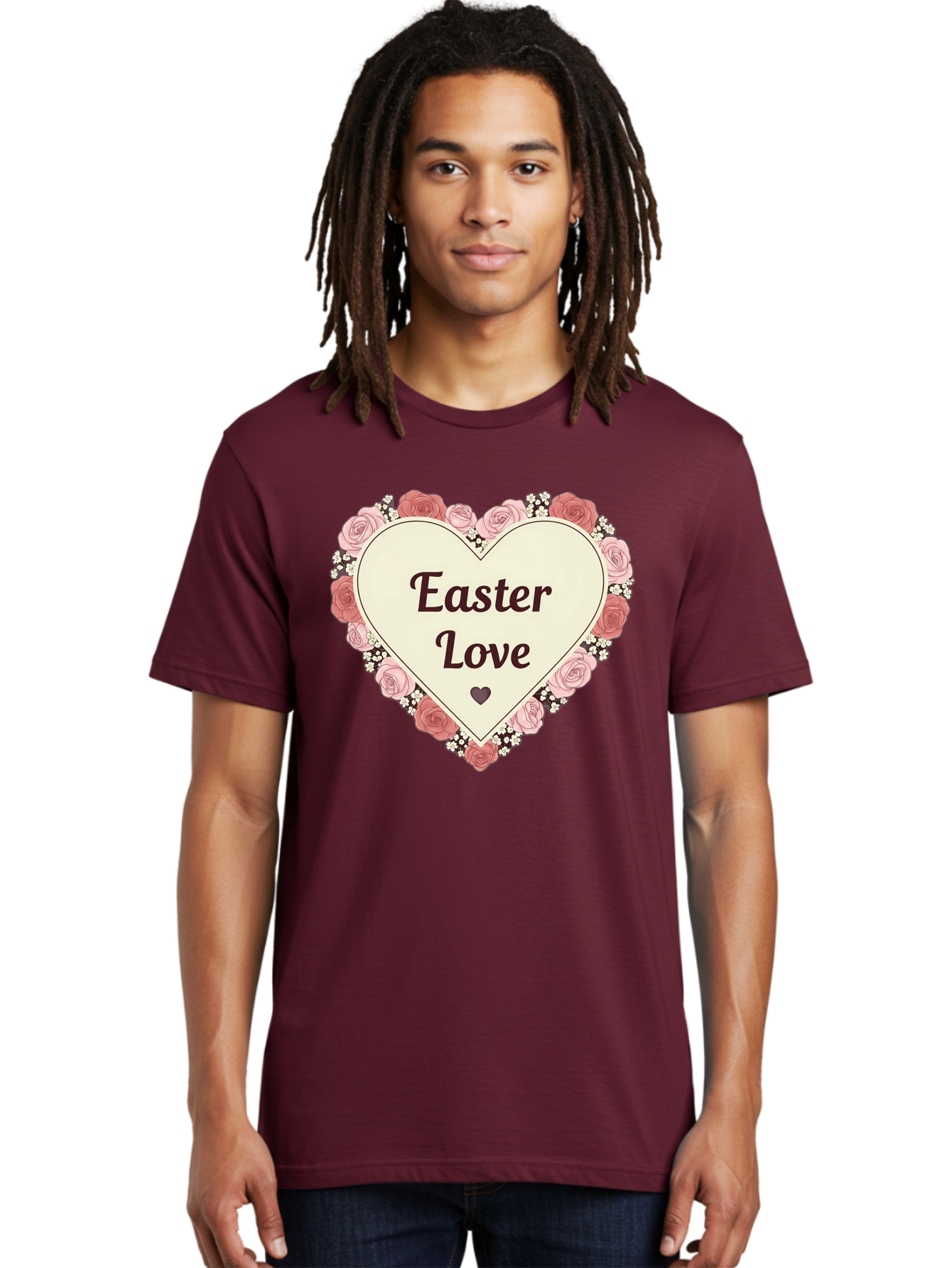 Easter-Love Men'S Graphic Tee, 100% Cotton, Comfortable Casual Summer Wear, Machine Washable, Easter Love, Heart-Shaped Frame, Pink Roses, Floral Wreath, Love Message, Small Green Heart, Easter Theme, Romantic Easter, Spring Flowers, Baa631 2