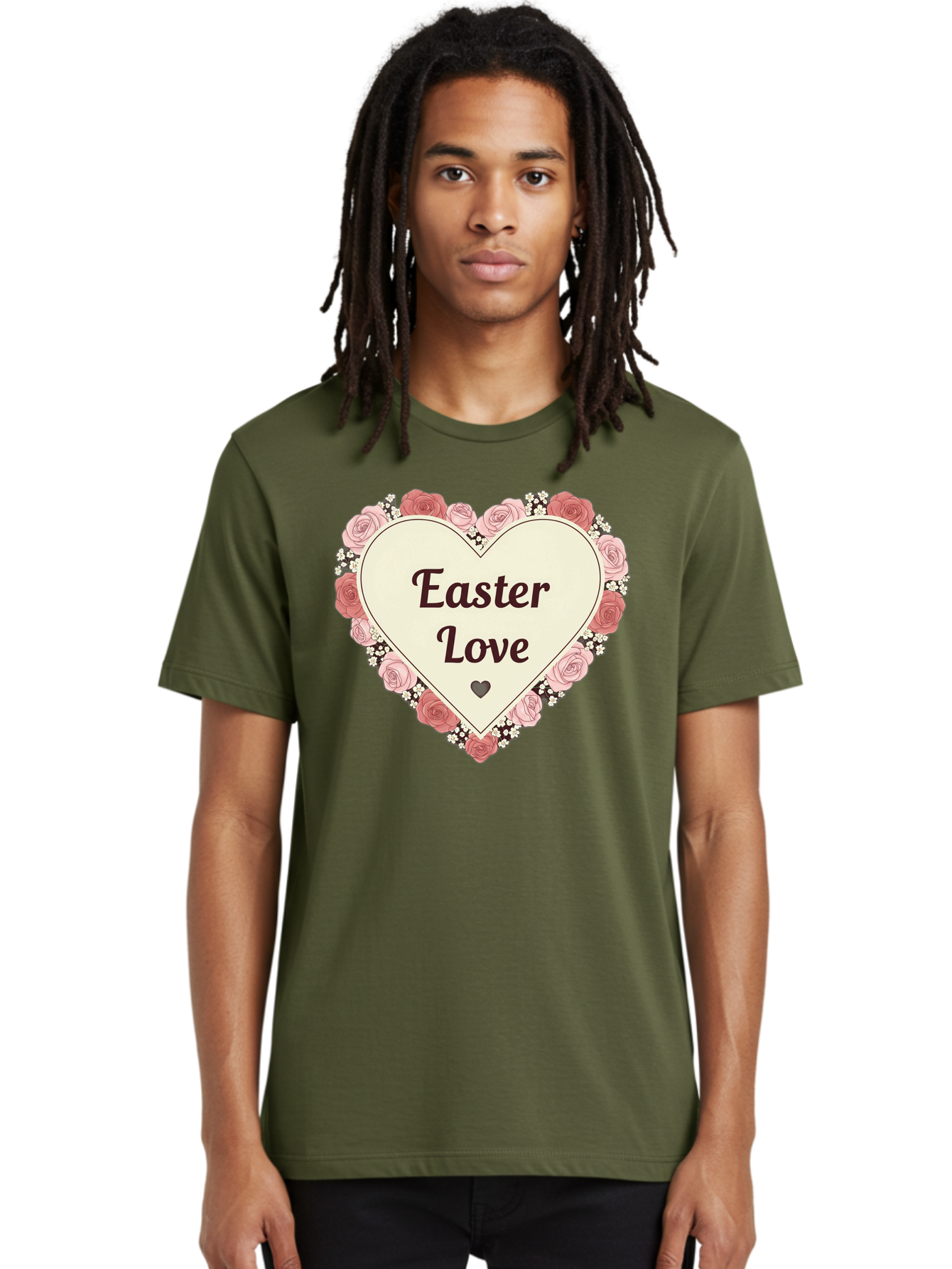 Easter-Love Men'S Graphic Tee, 100% Cotton, Comfortable Casual Summer Wear, Machine Washable, Easter Love, Heart-Shaped Frame, Pink Roses, Floral Wreath, Love Message, Small Green Heart, Easter Theme, Romantic Easter, Spring Flowers, Baa631 24