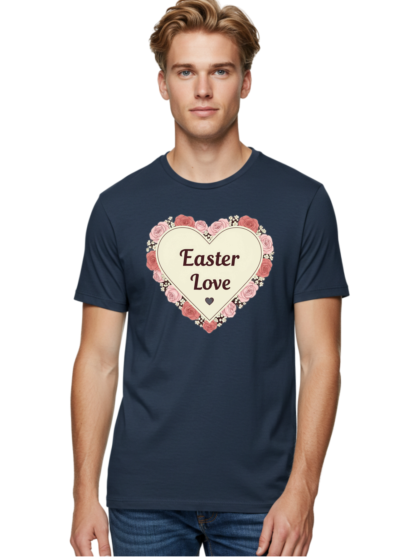 Easter-Love Men'S Graphic Tee, 100% Cotton, Comfortable Casual Summer Wear, Machine Washable, Easter Love, Heart-Shaped Frame, Pink Roses, Floral Wreath, Love Message, Small Green Heart, Easter Theme, Romantic Easter, Spring Flowers, Baa631 22
