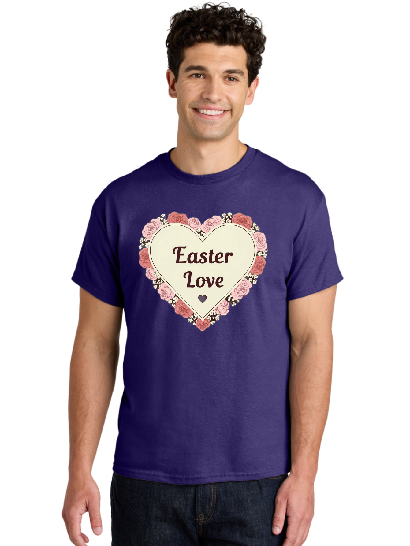 Easter-Love Men'S Graphic Tee, 100% Cotton, Comfortable Casual Summer Wear, Machine Washable, Easter Love, Heart-Shaped Frame, Pink Roses, Floral Wreath, Love Message, Small Green Heart, Easter Theme, Romantic Easter, Spring Flowers, Baa631 8