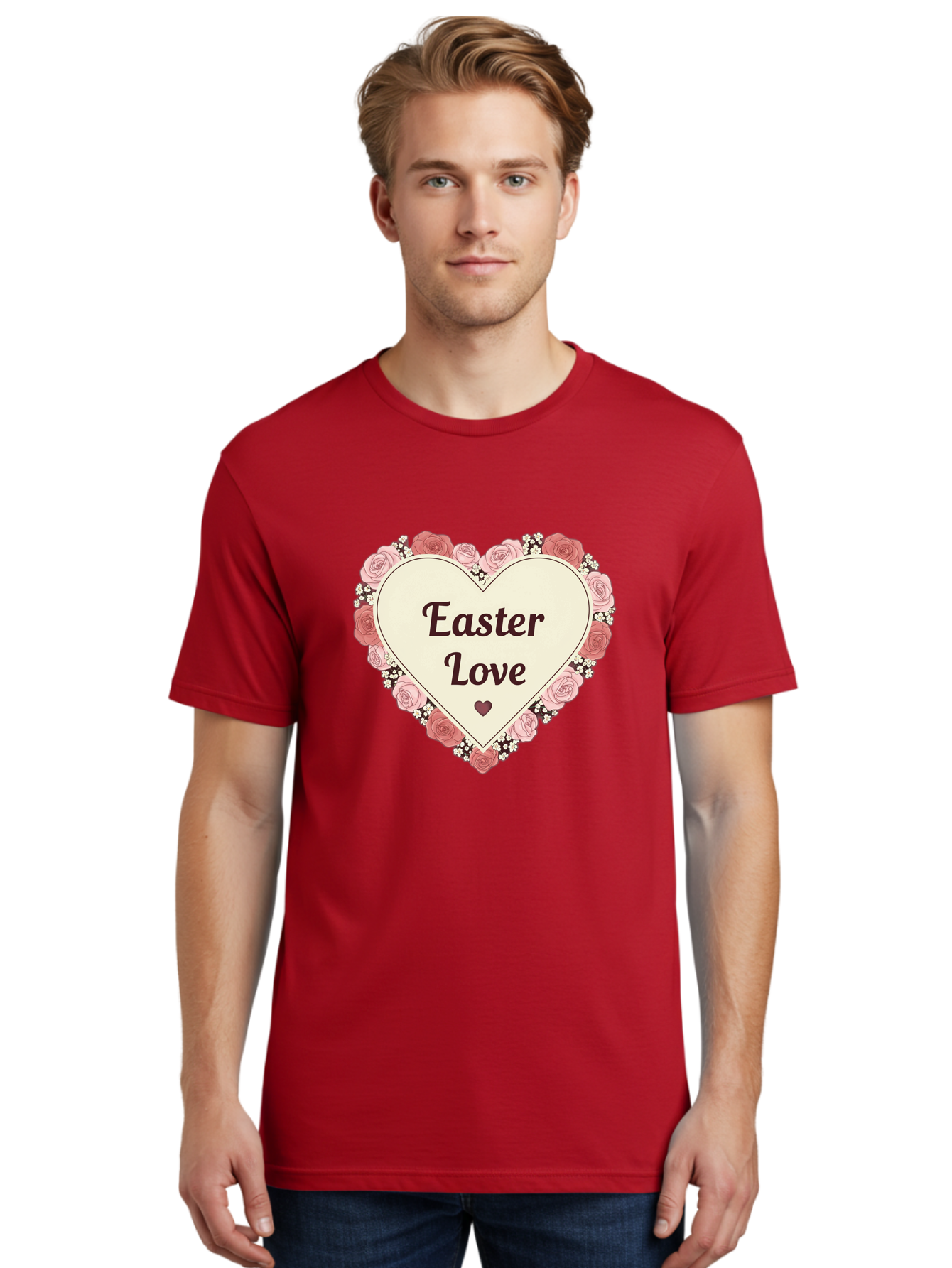 Easter-Love Men'S Graphic Tee, 100% Cotton, Comfortable Casual Summer Wear, Machine Washable, Easter Love, Heart-Shaped Frame, Pink Roses, Floral Wreath, Love Message, Small Green Heart, Easter Theme, Romantic Easter, Spring Flowers, Baa631 26