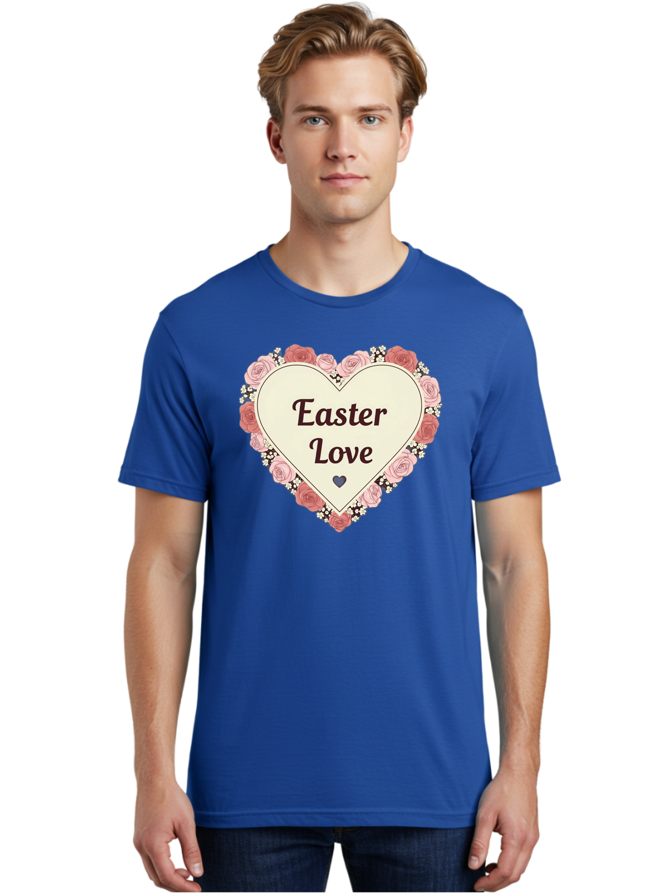 Easter-Love Men'S Graphic Tee, 100% Cotton, Comfortable Casual Summer Wear, Machine Washable, Easter Love, Heart-Shaped Frame, Pink Roses, Floral Wreath, Love Message, Small Green Heart, Easter Theme, Romantic Easter, Spring Flowers, Baa631 30