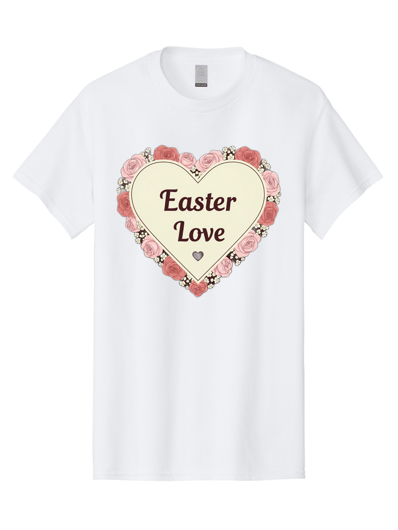 Easter-Love Men'S Graphic Tee, 100% Cotton, Comfortable Casual Summer Wear, Machine Washable, Easter Love, Heart-Shaped Frame, Pink Roses, Floral Wreath, Love Message, Small Green Heart, Easter Theme, Romantic Easter, Spring Flowers, Baa631 5