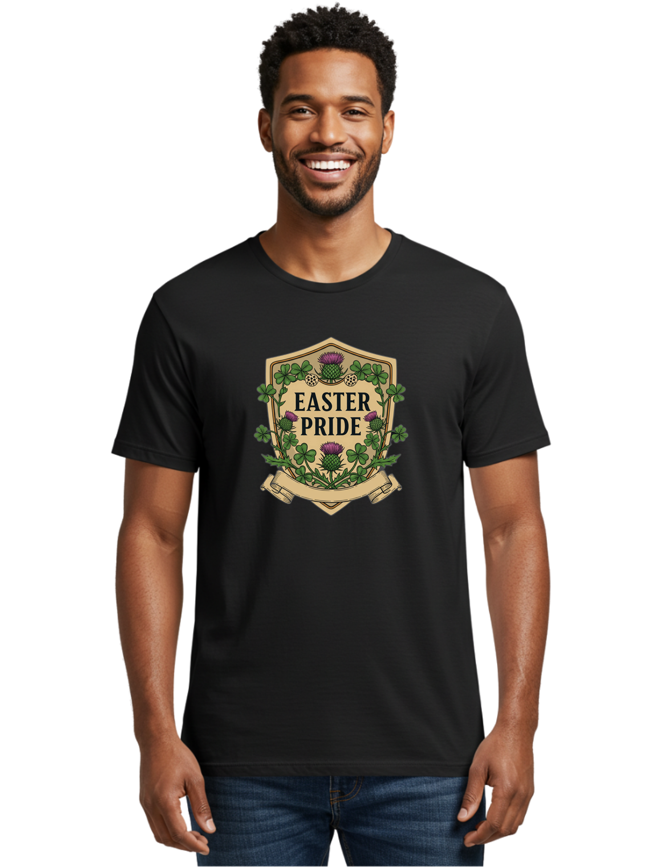 Easter-Pride Men'S Graphic Tee, 100% Cotton, Comfortable Casual Summer Wear, Machine Washable, Shamrocks, Purple Thistles, Easter Flowers, Floral Wreath, Vintage Badge, Easter Theme, Celtic Symbols, Festive Design, Spring Flowers Baa633 10