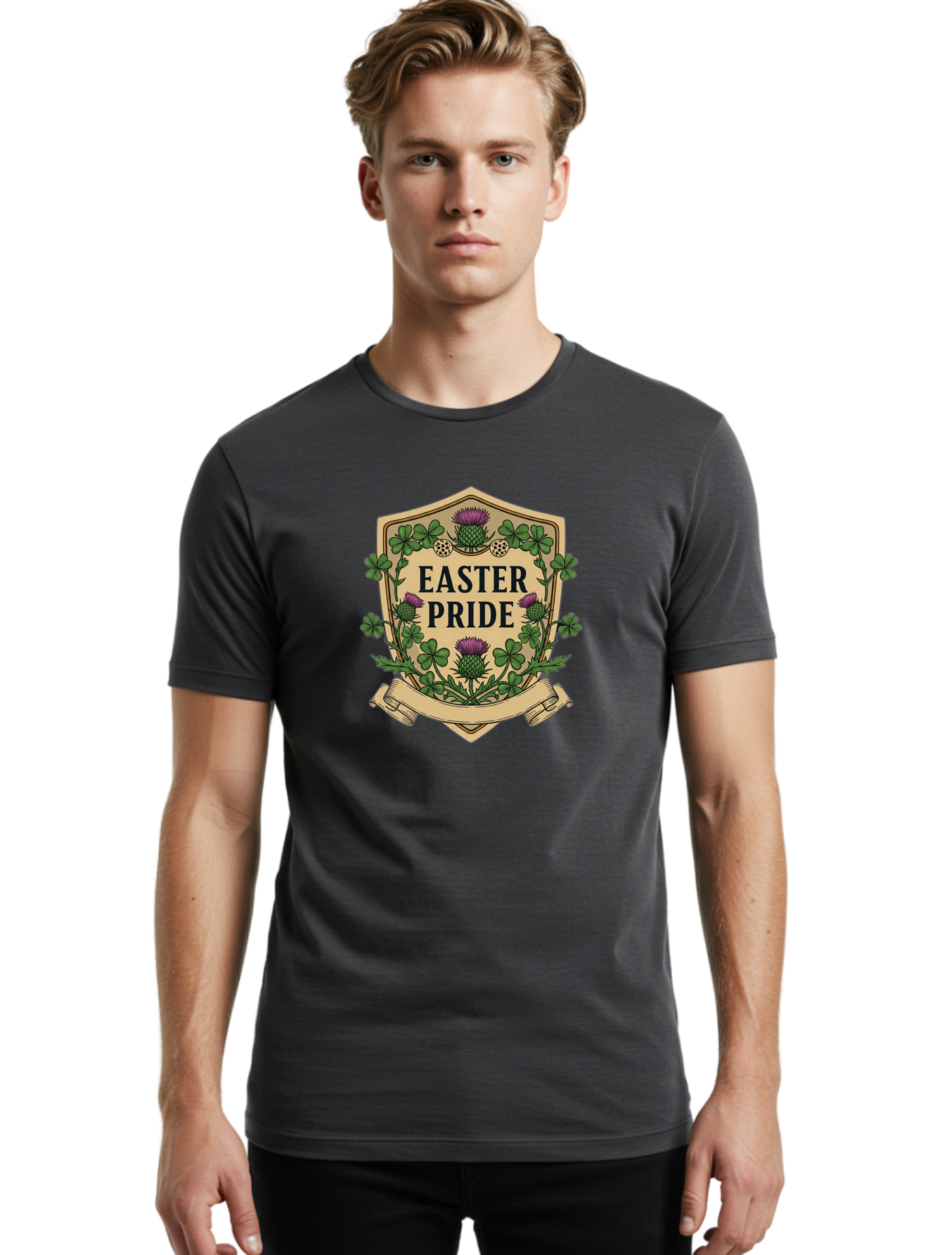 Easter-Pride Men'S Graphic Tee, 100% Cotton, Comfortable Casual Summer Wear, Machine Washable, Shamrocks, Purple Thistles, Easter Flowers, Floral Wreath, Vintage Badge, Easter Theme, Celtic Symbols, Festive Design, Spring Flowers Baa633 24