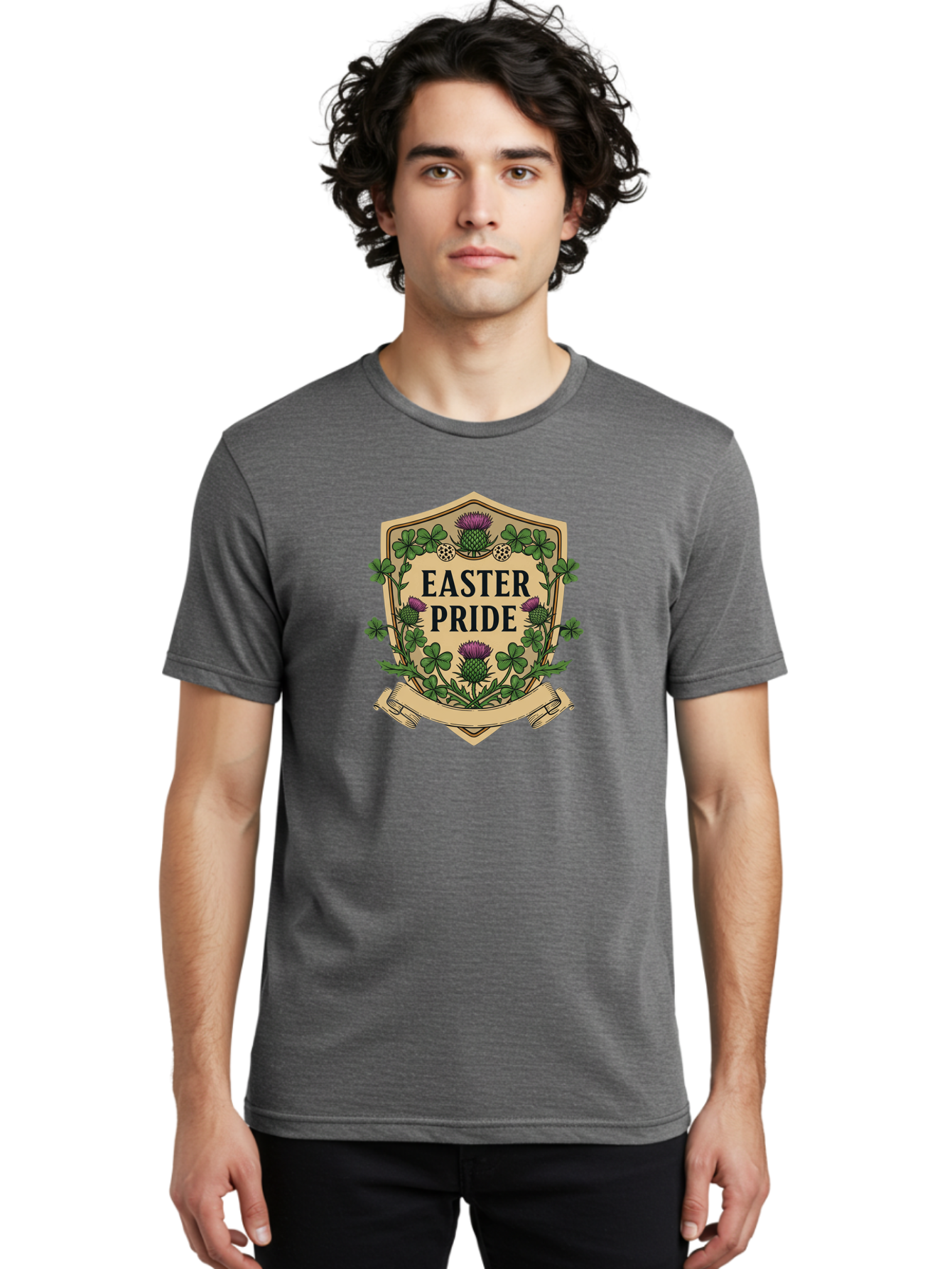 Easter-Pride Men'S Graphic Tee, 100% Cotton, Comfortable Casual Summer Wear, Machine Washable, Shamrocks, Purple Thistles, Easter Flowers, Floral Wreath, Vintage Badge, Easter Theme, Celtic Symbols, Festive Design, Spring Flowers Baa633 6