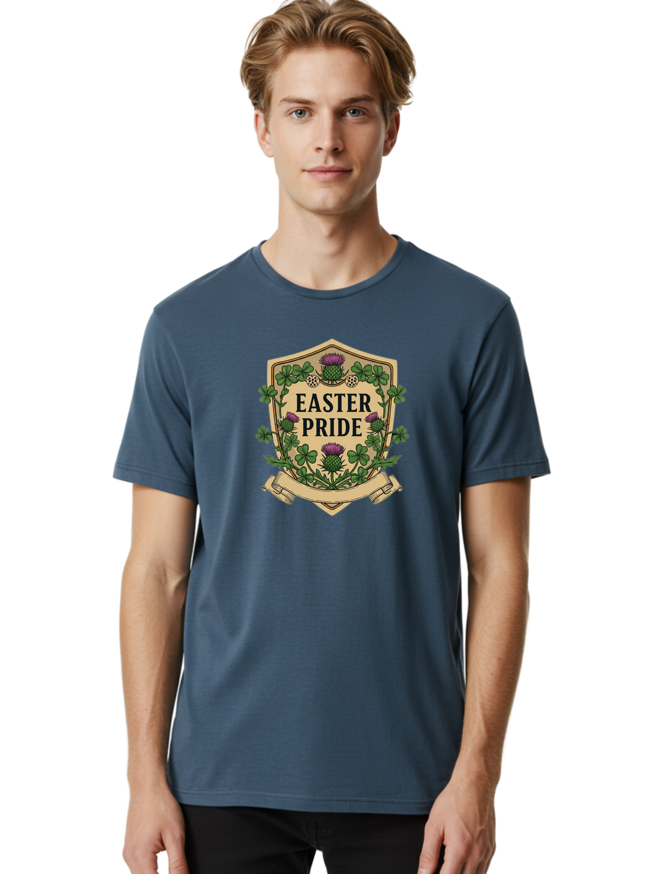Easter-Pride Men'S Graphic Tee, 100% Cotton, Comfortable Casual Summer Wear, Machine Washable, Shamrocks, Purple Thistles, Easter Flowers, Floral Wreath, Vintage Badge, Easter Theme, Celtic Symbols, Festive Design, Spring Flowers Baa633 8