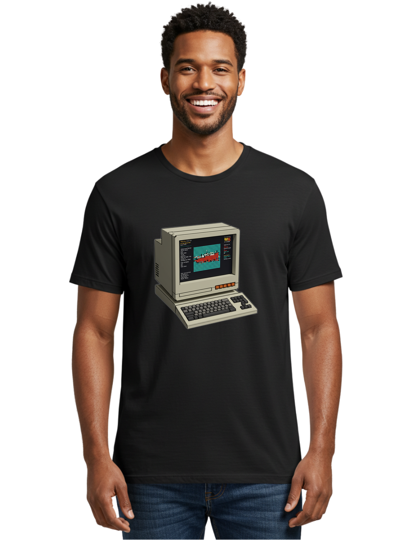 Elite-Game-On-Apple-Ii Men'S Graphic Tee, 100% Cotton, Comfortable Casual Summer Wear, Machine Washable, Retro Computer, Apple Ii, Vintage Technology, Pixel Art, Old School Gaming, 8-Bit Graphics, Red Boat, Turquoise Grid Baa645 26